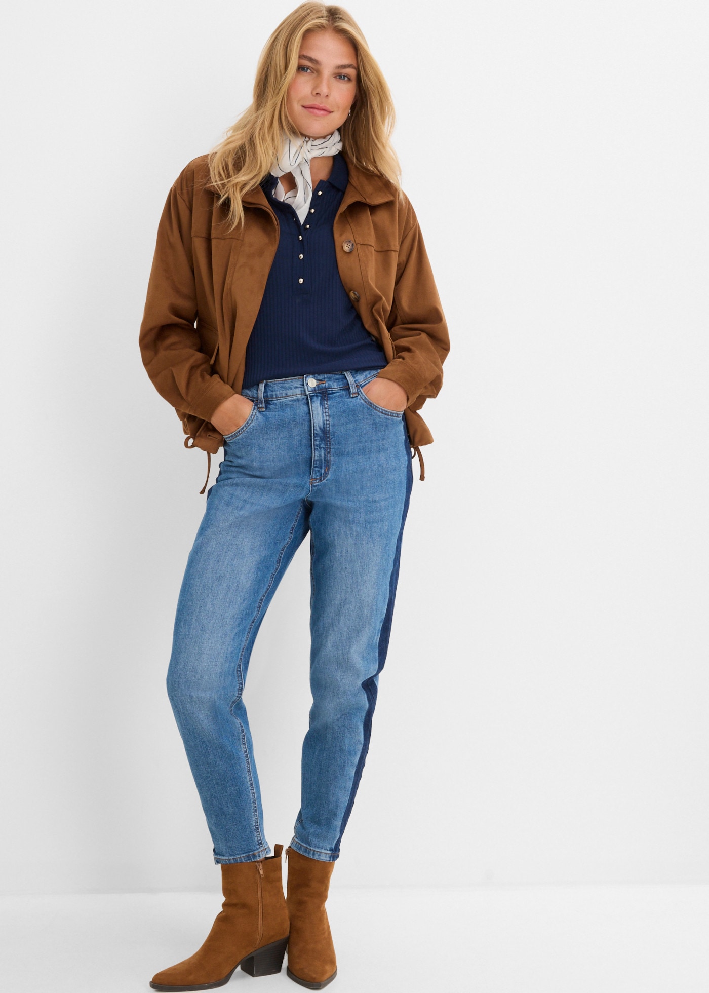bonprix Mom-Jeans High Waist-Bund, Cropped-Länge, Loose Fit, aus Baumwolle und Elasthan