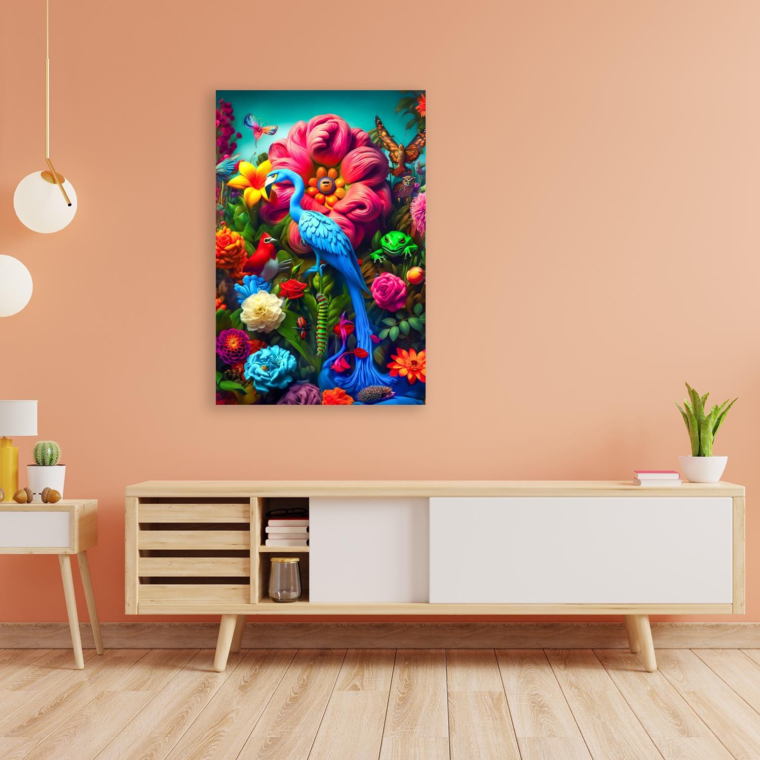 queence Acrylglasbild »Plastischer Garten Eden«, Vögel-Vogelbilder-Fantasy-Tiere-Blumen-Blumenbilder-Mann, (1 St.), Kunst, knallige Farben, bunt