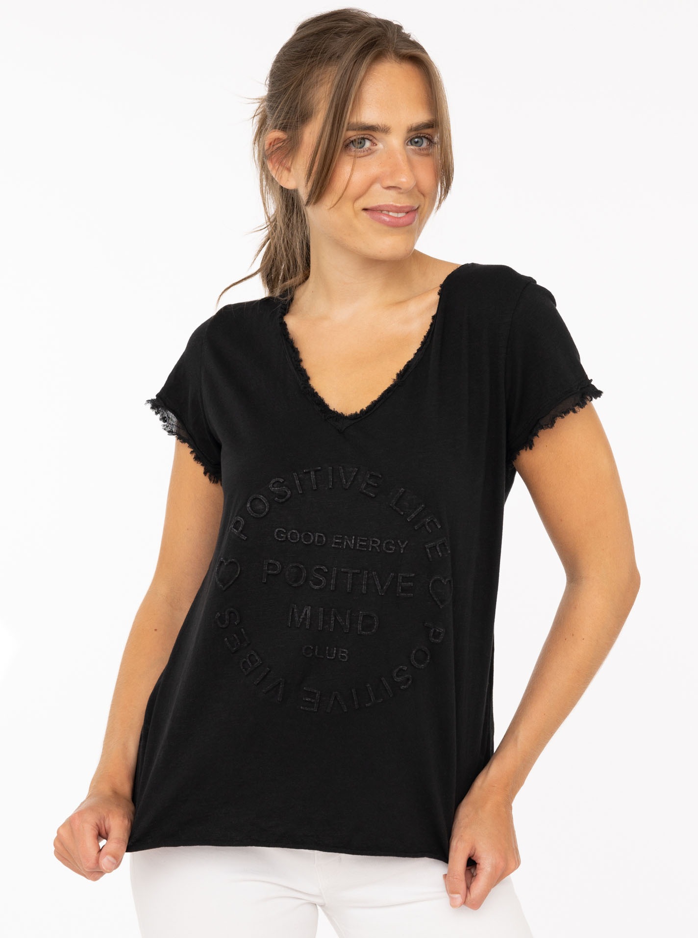Zwillingsherz T-Shirt ""Positive Mind"", V-Ausschnitt, Kurzarm, Used-Look, günstig online kaufen
