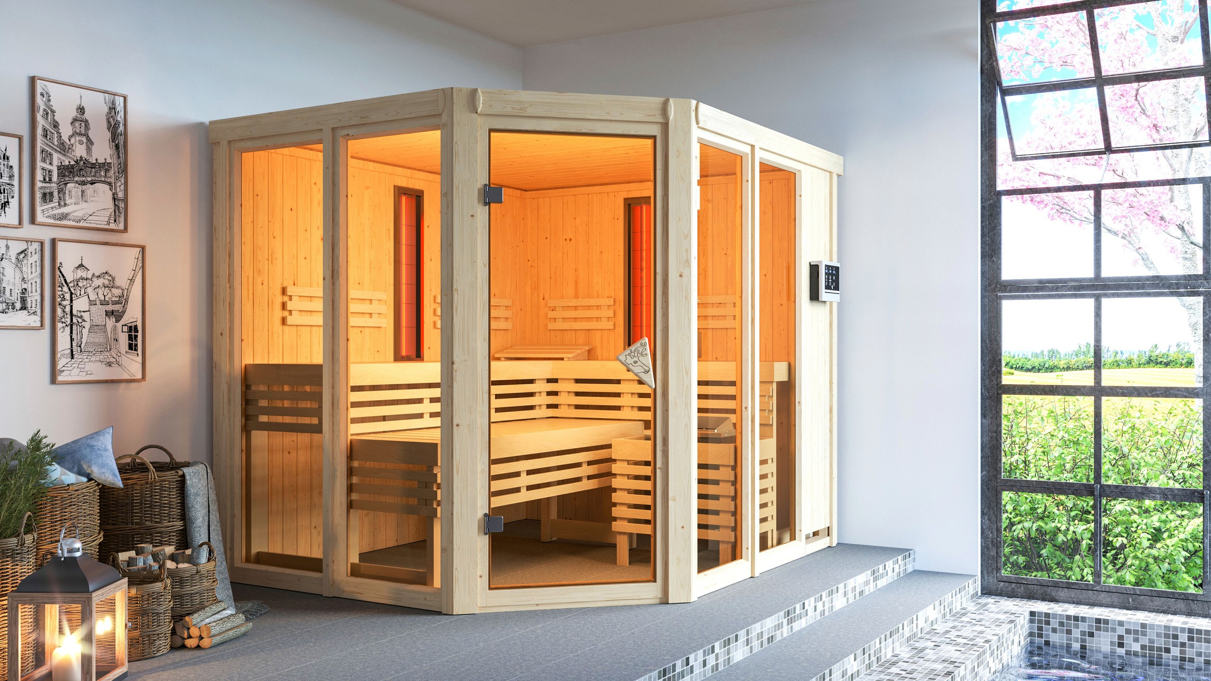 Karibu Sauna »Avril« Set,  Ofen 9 KW externe Strg easy