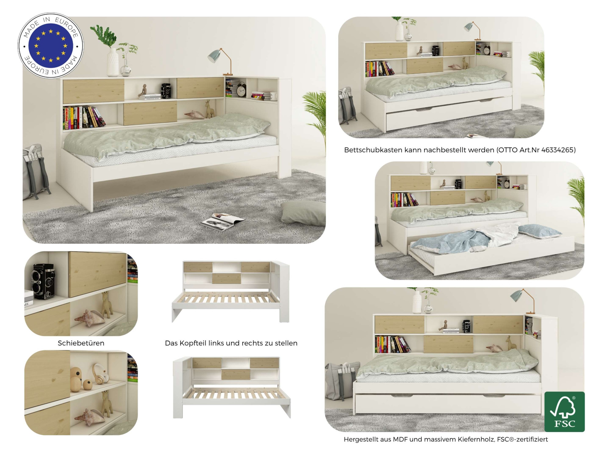 Home affaire Stauraumbett »Amance, Massivholz mit MDF, viel Stauraum, ideal für kleine Räume«, (Außenmaße B/T/H: 110,2/220,1/106,9 cm), FSC® zertifiziert, inklusive Lattenrost, Made in EU