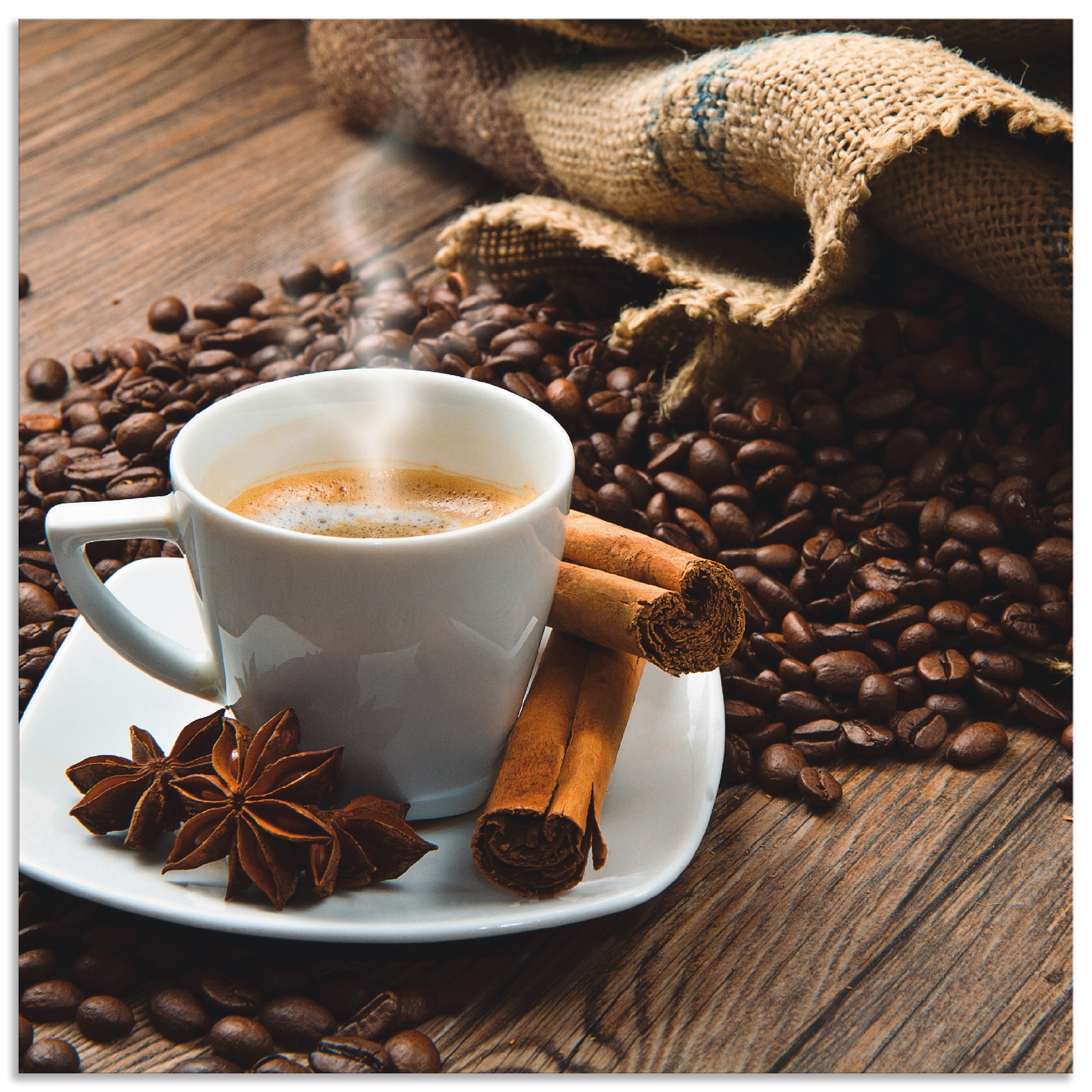 Artland Küchenrückwand »Kaffeetasse Leinensack mit Kaffeebohnen«, (1 tlg.), Alu Spritzschutz mit Klebeband, einfache Montage