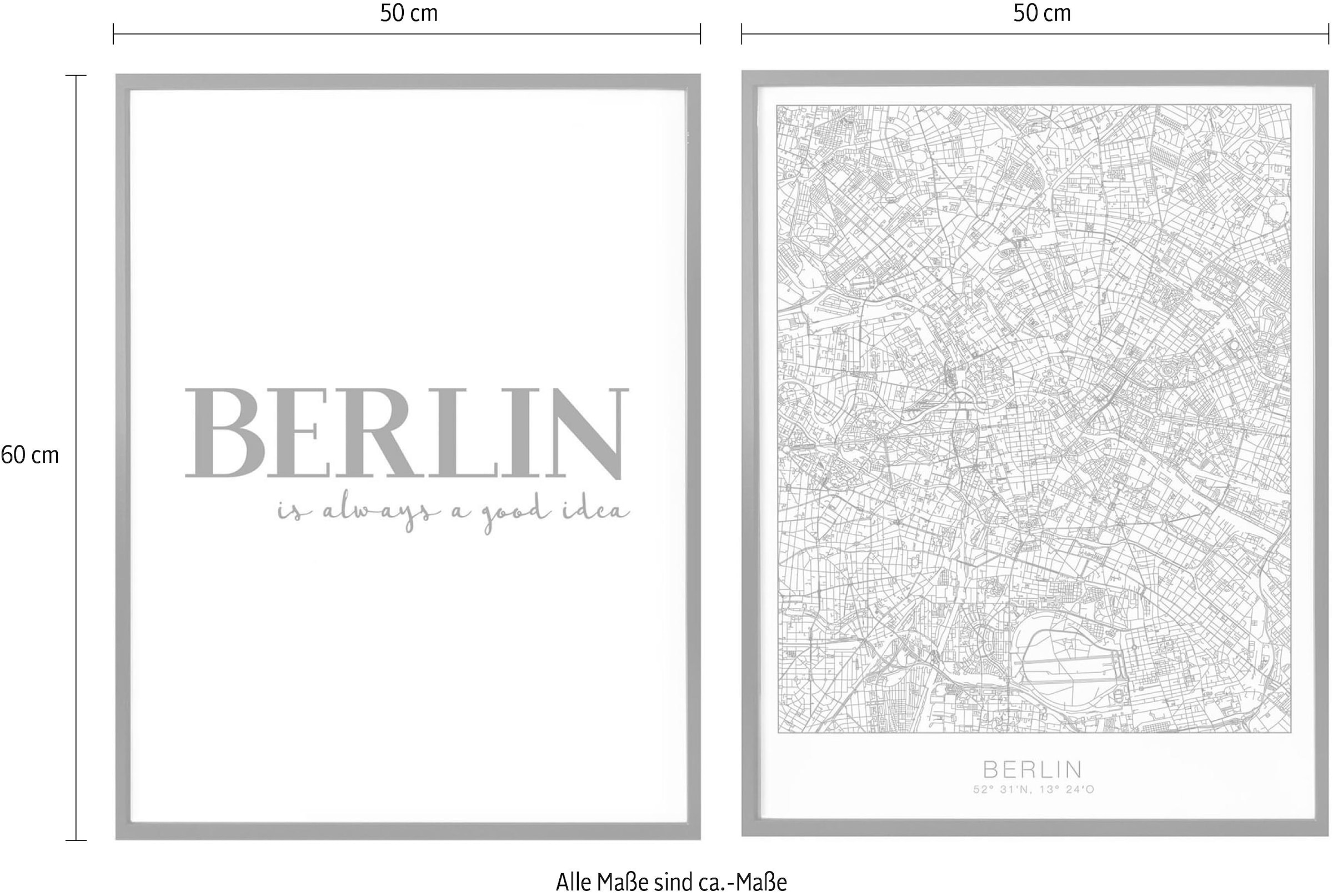 Wall-Art Poster »Berlin Stadtkarte Schriftzug Set«, Blumen, (Set, 2 St.), Collage mit Bilderrahmen