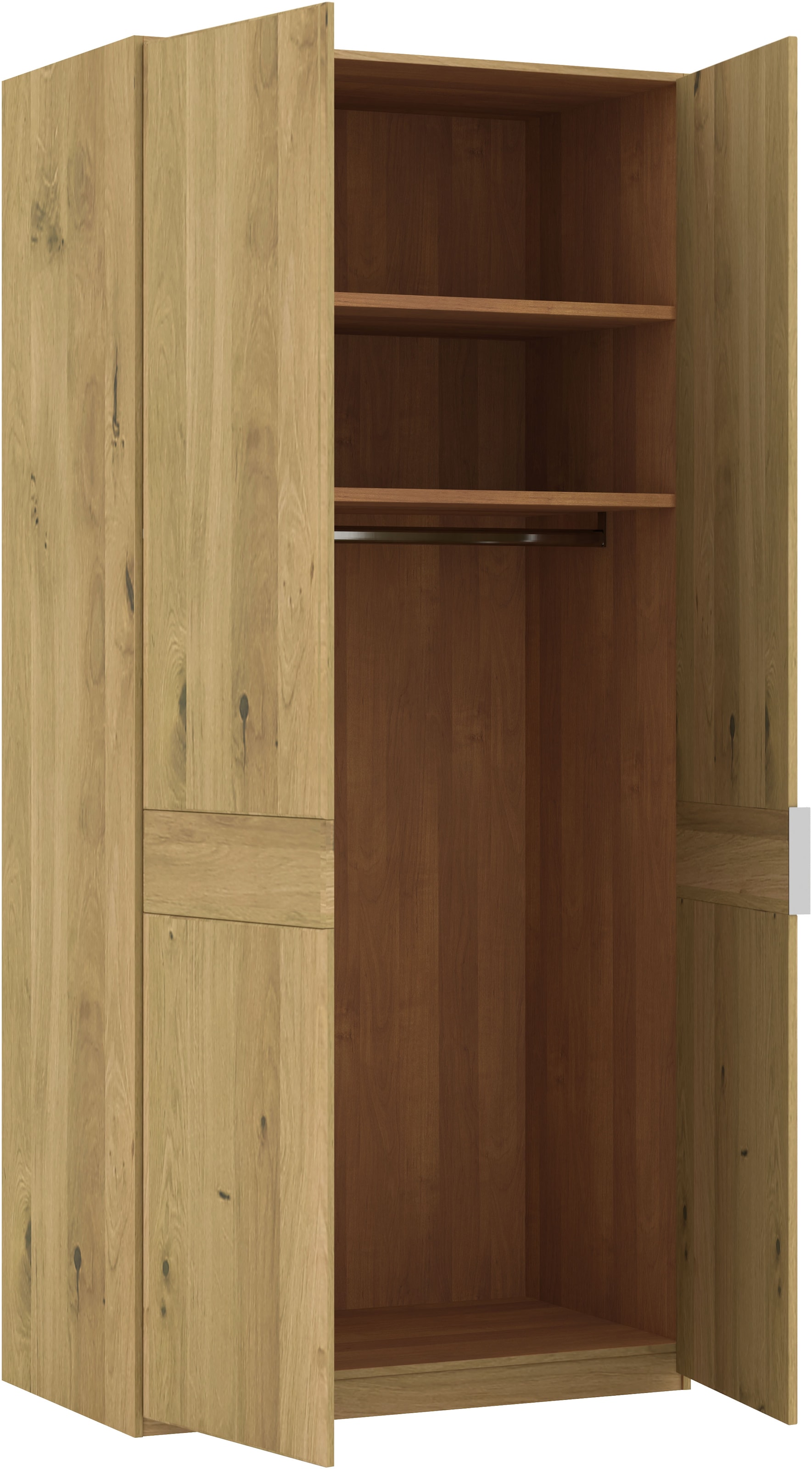 Musterring Drehtürenschrank »Savona, Kleiderschrank, Schrank, Garderobe, teilmassiv Eiche«, (mit Türdämpfern, in 5 Breiten & 2 Höhen, extra Böden, MADE IN GERMANY), Türen in Bianco-Eiche massiv, mit Querriegel, verschiedene Größen