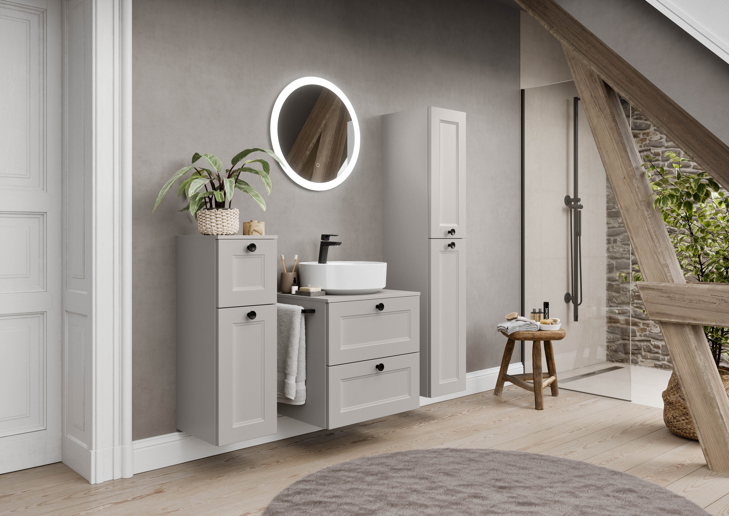 nobilia® Badmöbel-Set »Cascada« Set, inkl.  Aufsatzwaschbecken und beleuchtetem  Spiegel mit Touch-Sensor, 4 Stk. tlg.