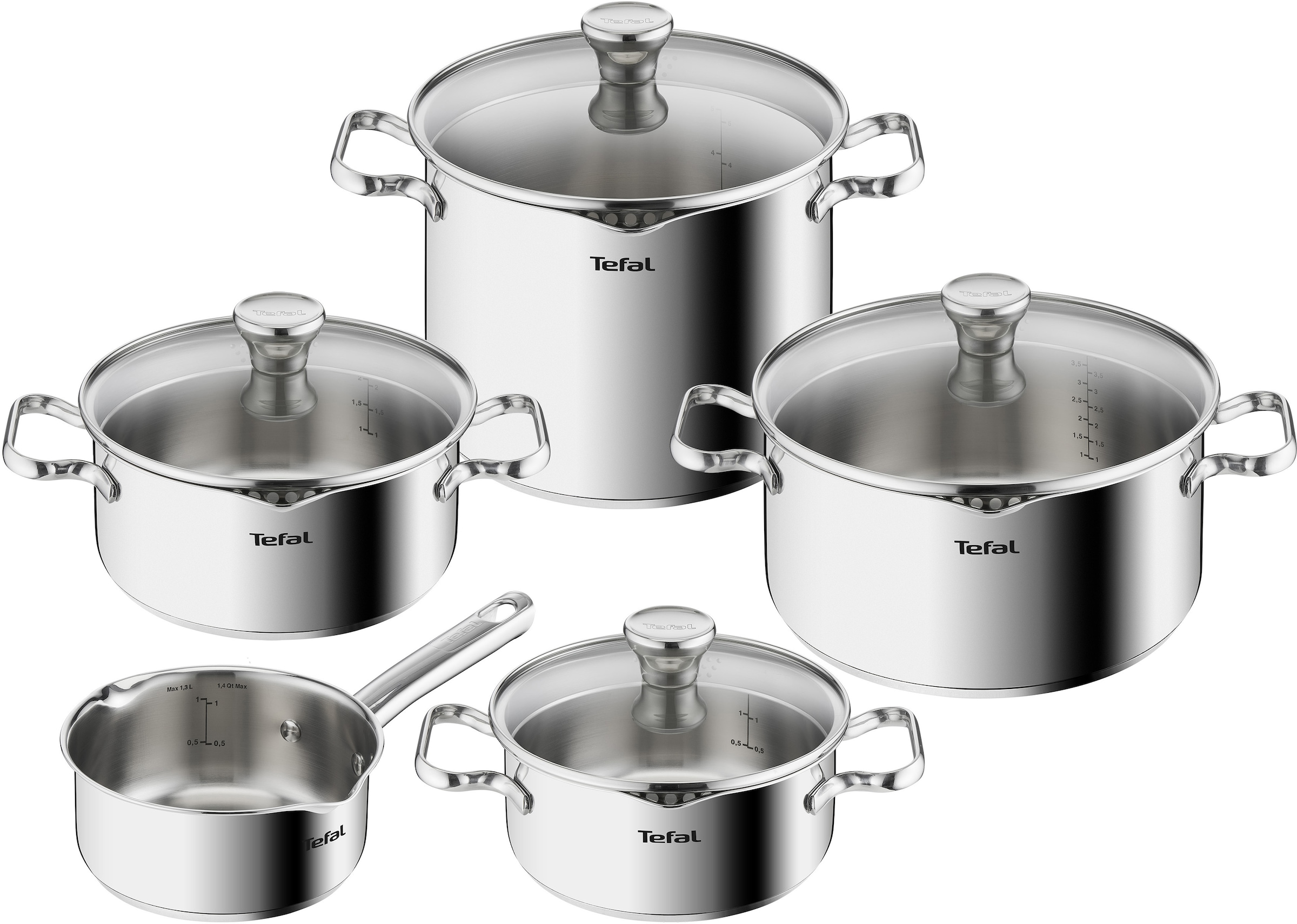 Tefal Topf-Set "Duetto", Edelstahl, (Set, 9 tlg., 1x Stielkasserolle 16 cm, je 1 Kochtopf mit Deckel 18/20/22/24 cm), Ed