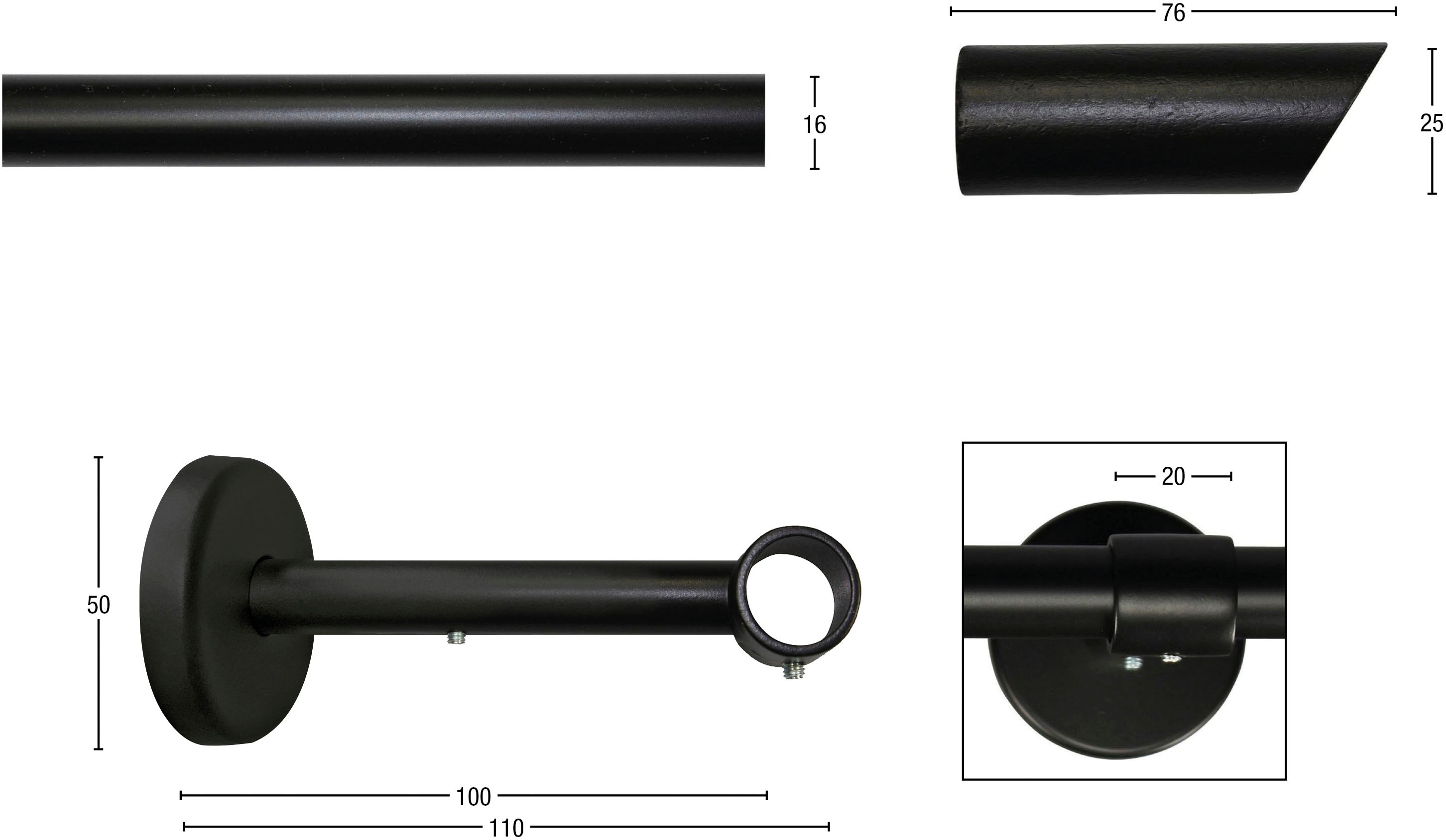 Thumbnail - GARESA Gardinenstange "ZYLI" Ø 16 mm 1 läufig-läufig Wunschmaßlänge Vorhanggarnitur, verlängerbar, Knopf abgeschrägt, oh...