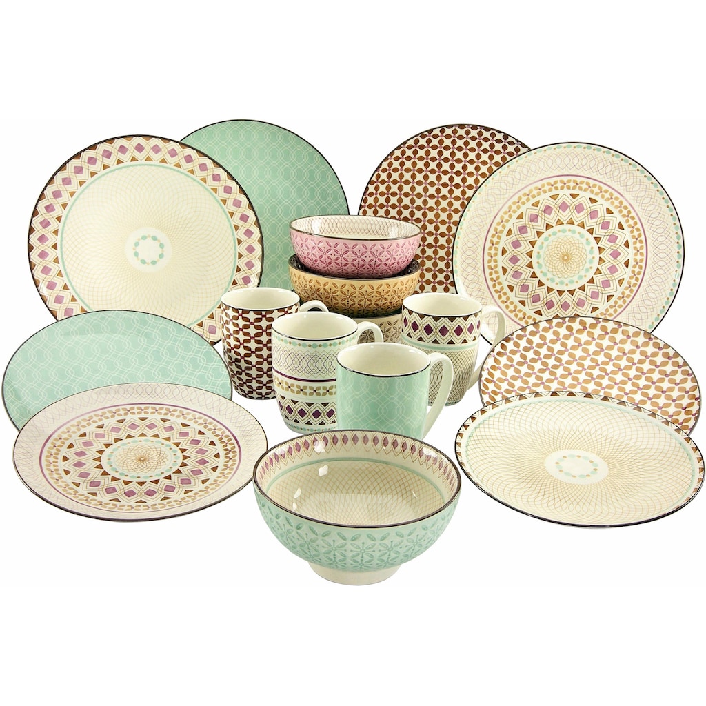 CreaTable Kombiservice »Geschirr-Set Mandala«, (Set, 16 tlg., Kaffeeservice und Tafelservice im Set, für 4 Personen)