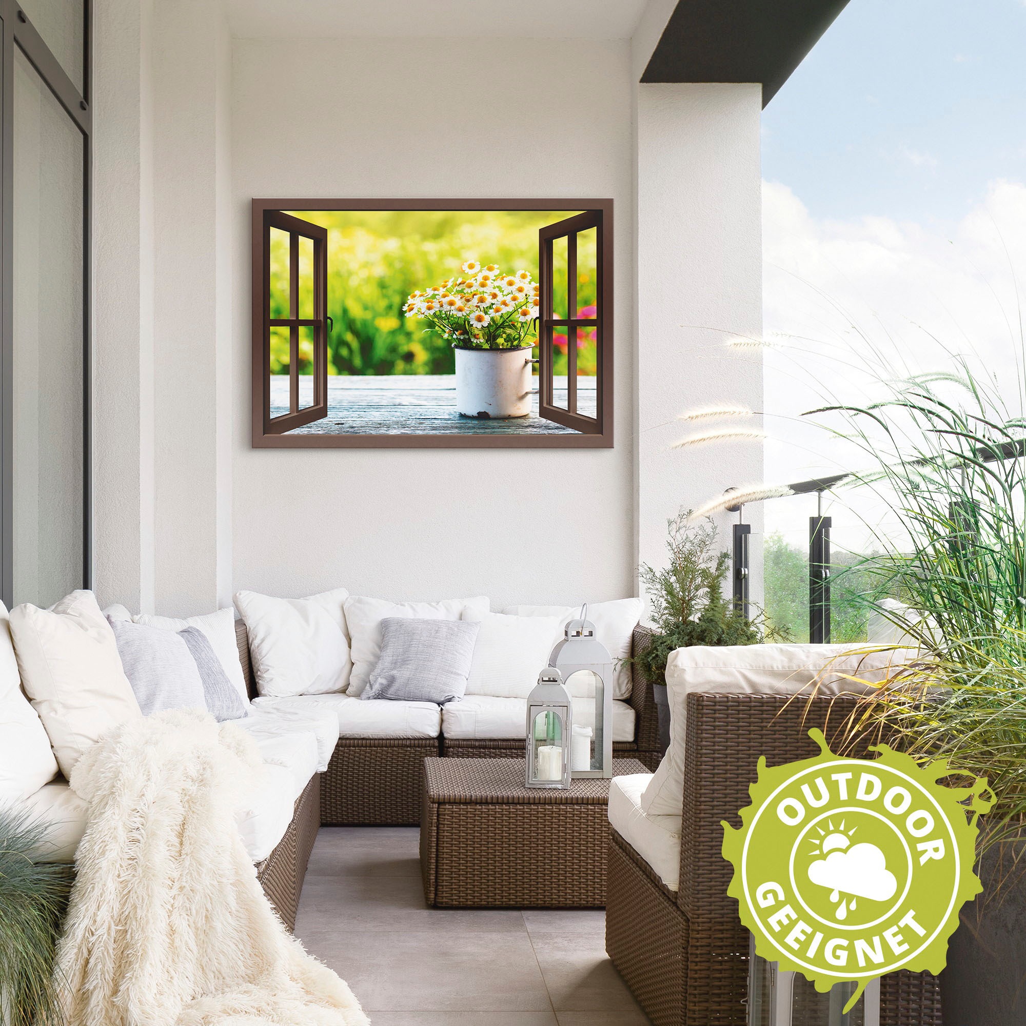 Artland »Fensterblick Garten mit Gänseblümchen« Blumen 1 Stk. tlg. für Innen- und Außenbereich geeignet, Outdoorbild