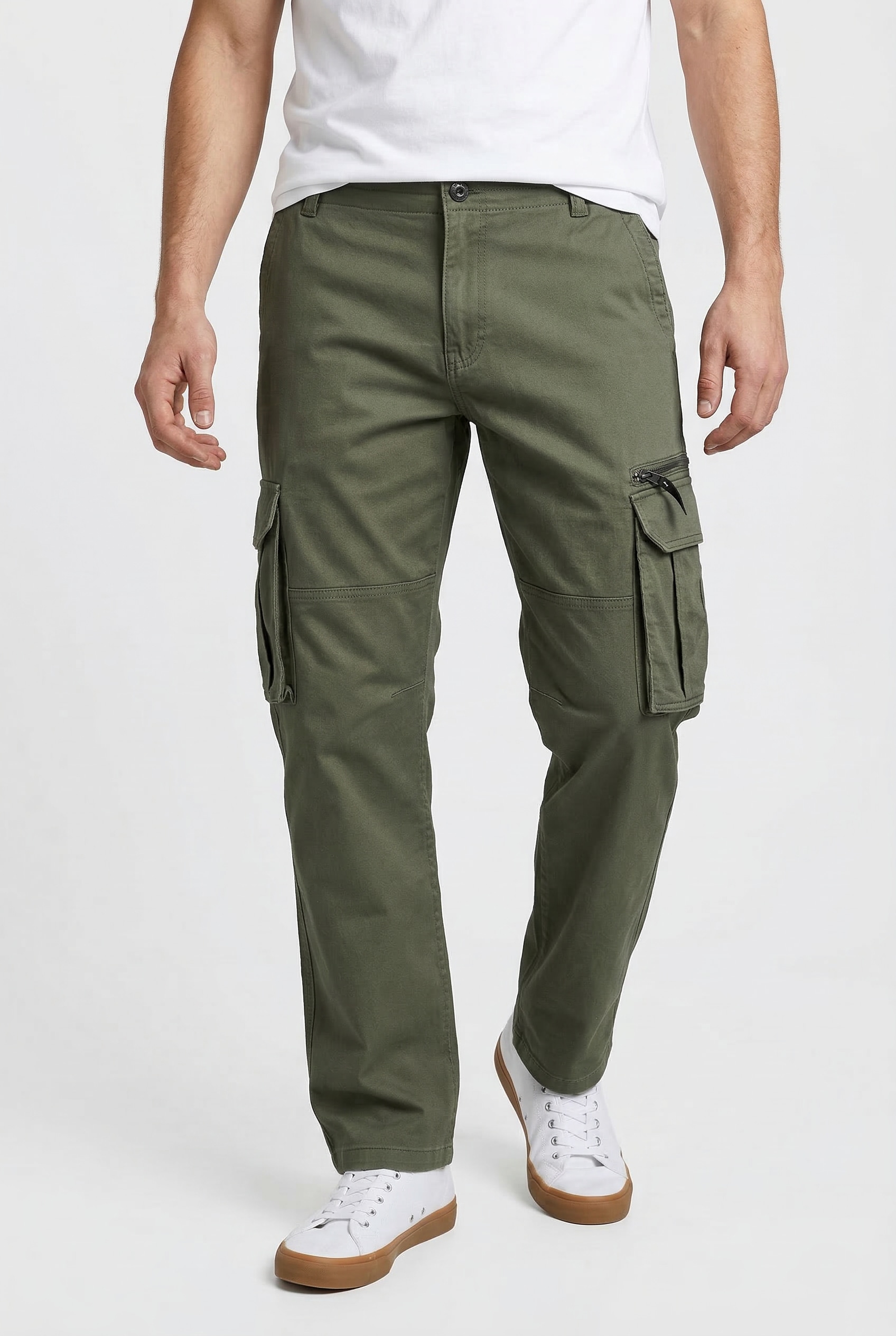 Cargohose JACK & JONES "JPSTKANE DOVER ZIP CARGO SN", Herren, Gr. 32, Länge 34, olive night, Web, Obermaterial: 98% Baumwolle, 2% Elasthan, unifarben, Hosen Cargohose, mit Seitentaschen