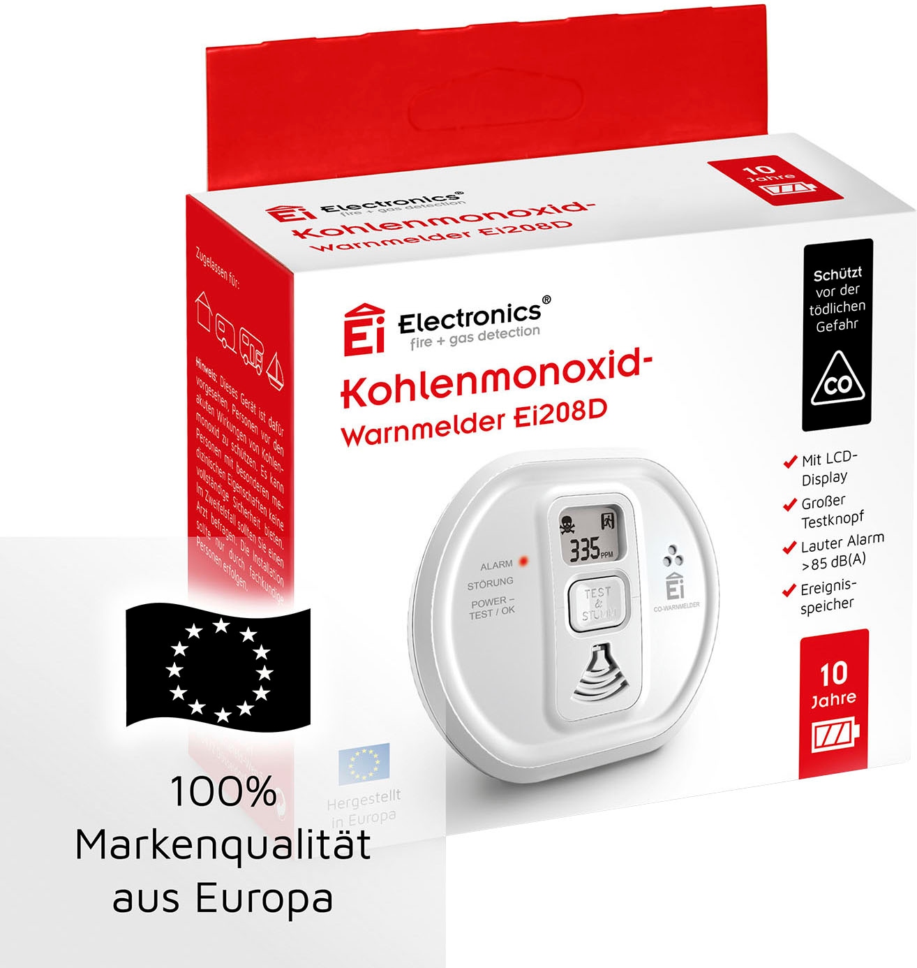 Ei Electronics CO-Melder »Ei208D«, LCD-Display, mit 10-Jahres-Batterie und LCD-Display