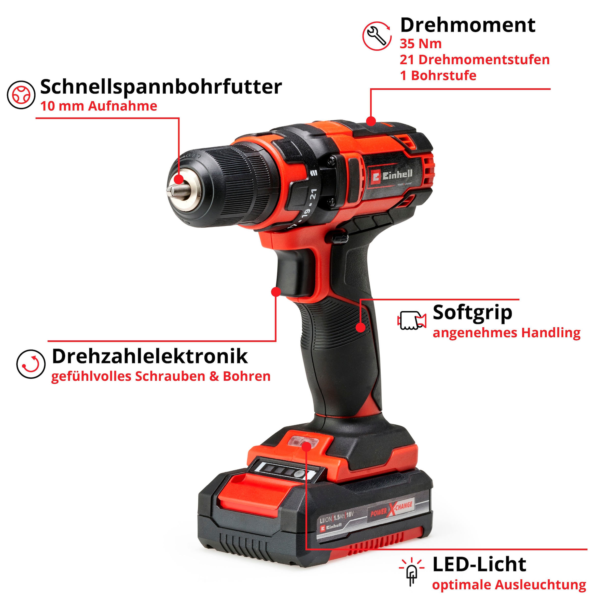 Einhell Akku-Bohrschrauber »TC-CD 18/35 Li«, (Set), inkl. Akku und Ladegerät