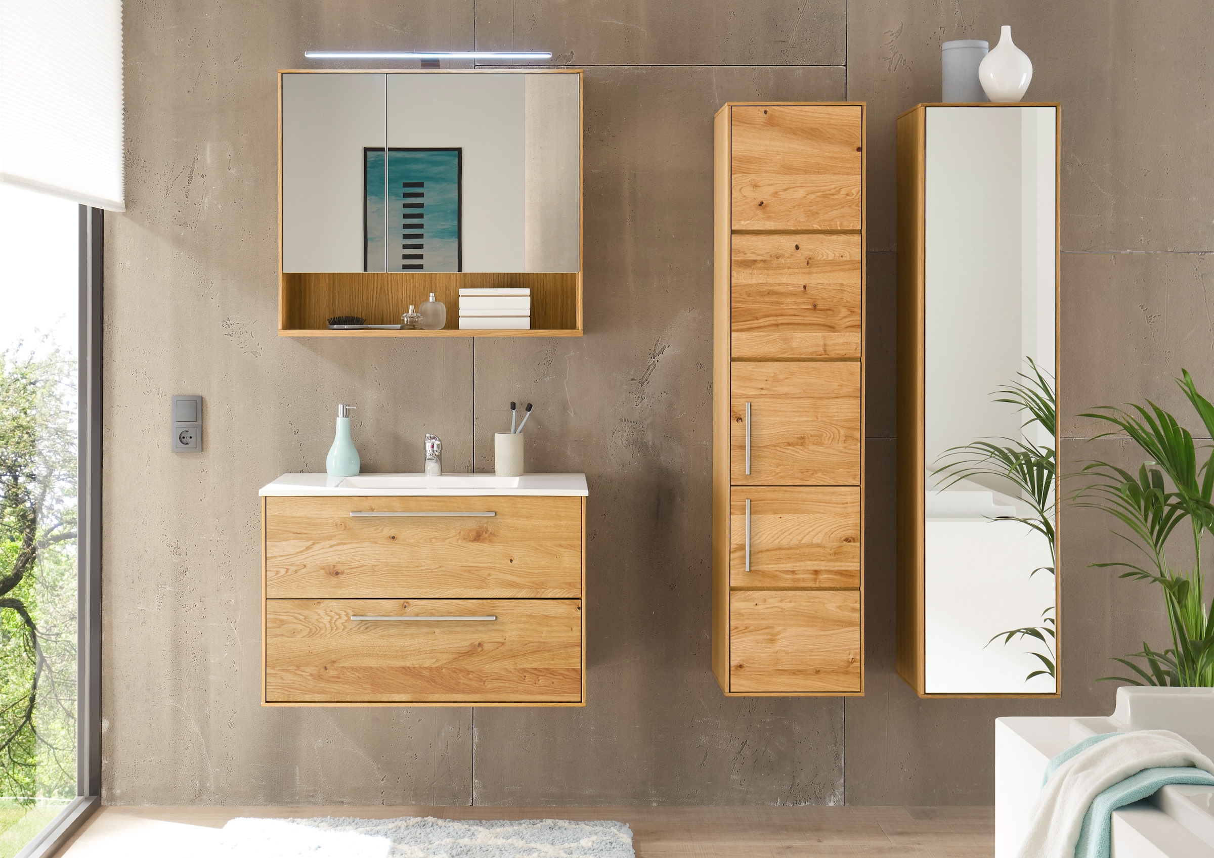 BASIC by Balculina Badmöbel-Set »Yukon«, (4 St.), Breite 160 cm,Badezimmerset 4-tlg, Softclose, teilmassiv/massiv