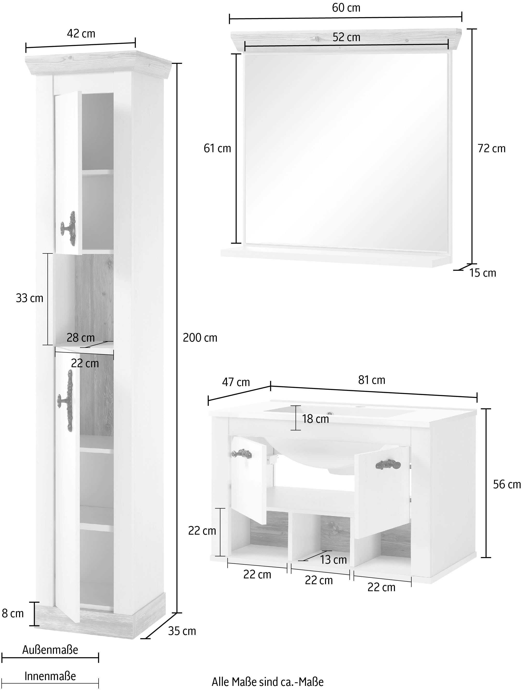 Home affaire Badmöbel-Set »Florenz, Bad im Landhausstil, 3-teiliges Badezimmer«, (3 St.), Hänge-Waschtisch, Schrank und Spiegel, in Pinie Weiß, Stauraum