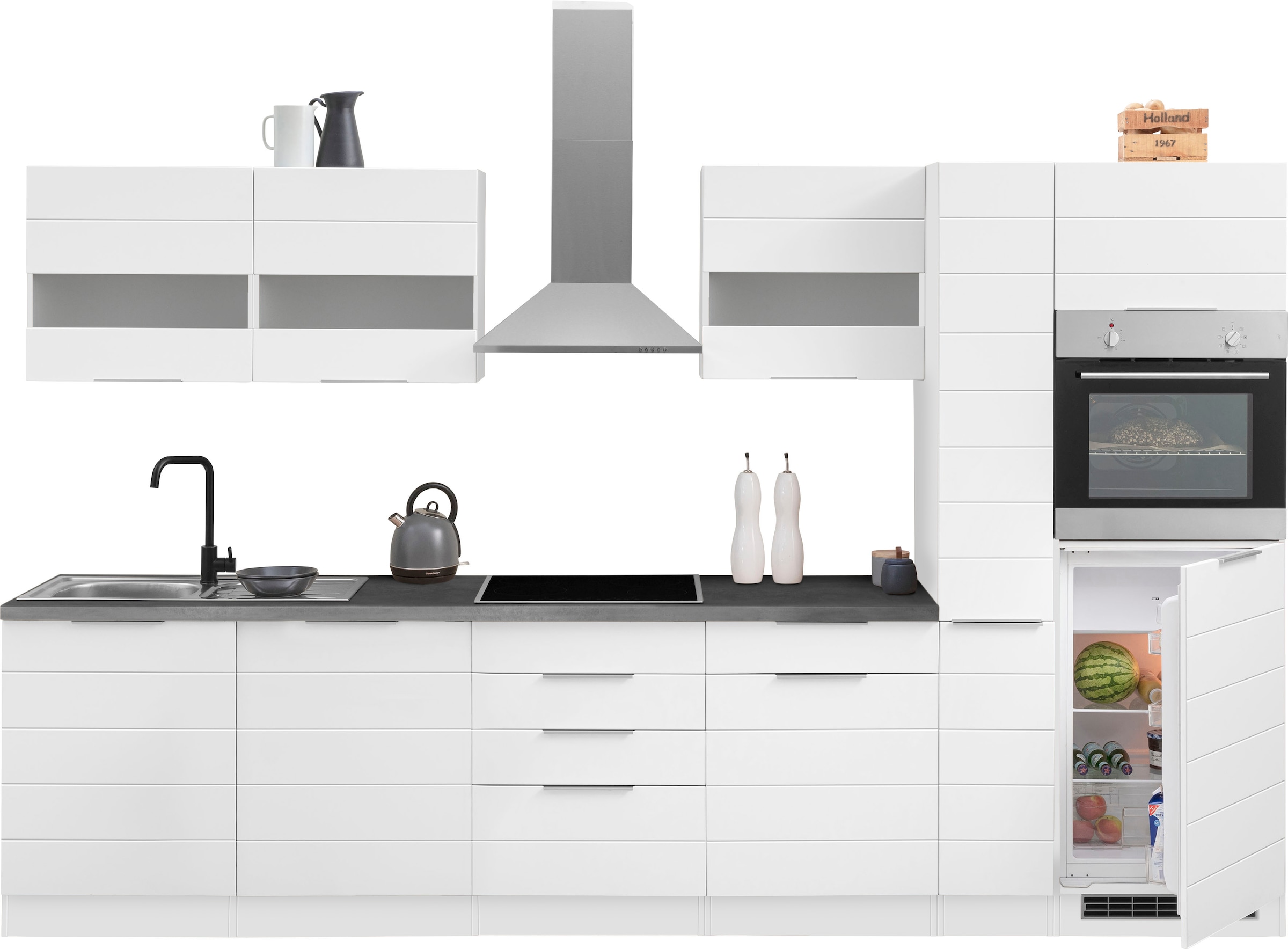 KOCHSTATION "KS-Luhe" 330 cm breit, wahlweise mit oder ohne E-Geräten, gefräste MDF-Fronten