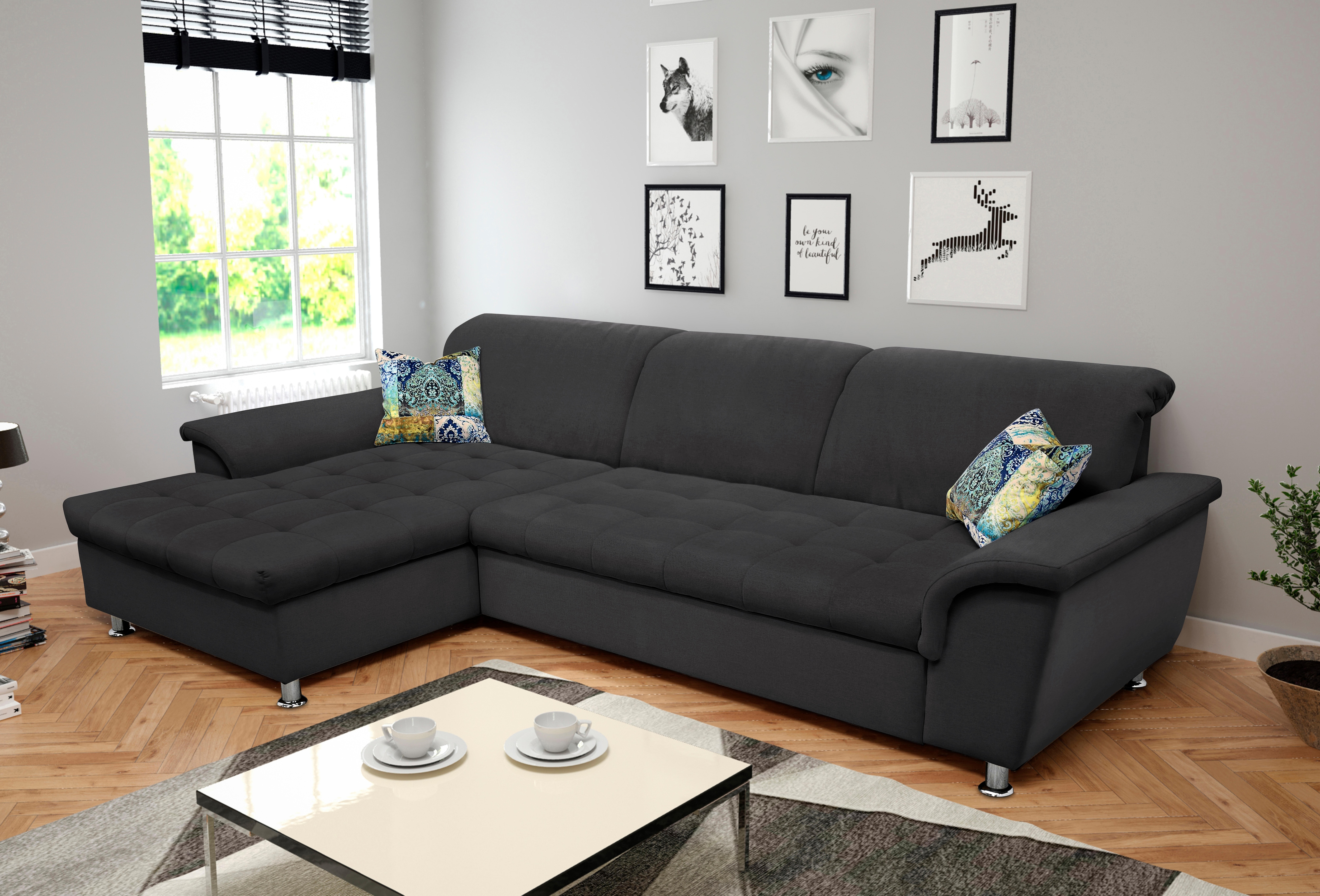 DOMO collection Ecksofa "FRANZI 278x170x81 cm, Steppung im Sitzbereich, L-Form" mit Kopfteilverstellung, Flachgewebe, graphite