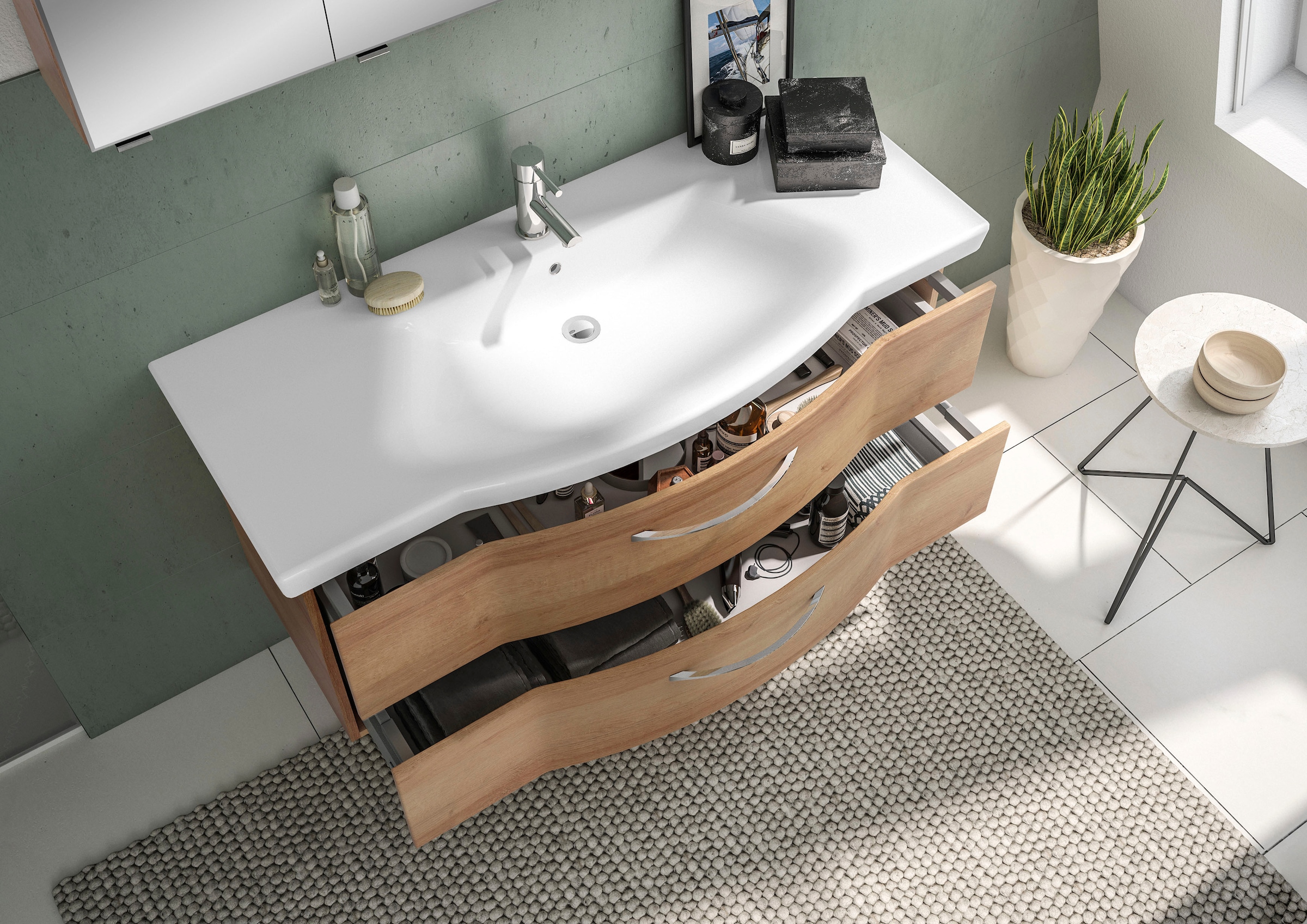 Saphir Badmöbel-Set »6005 Sprint 3-teilig, Keramik-Waschtisch mit LED-Spiegelschrank«, (4 St.), Midischrank, inkl. Türdämpfer, 4 Türen, 4 Schubladen, Bad-Set