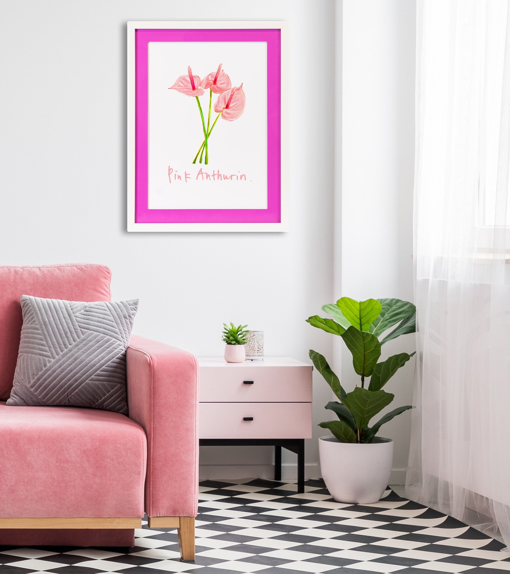 queence Bild mit Rahmen "Blume, pink", Blumen-Blumenbilder, (1 St.), Poster mit buntem Acrylglas Passepartout