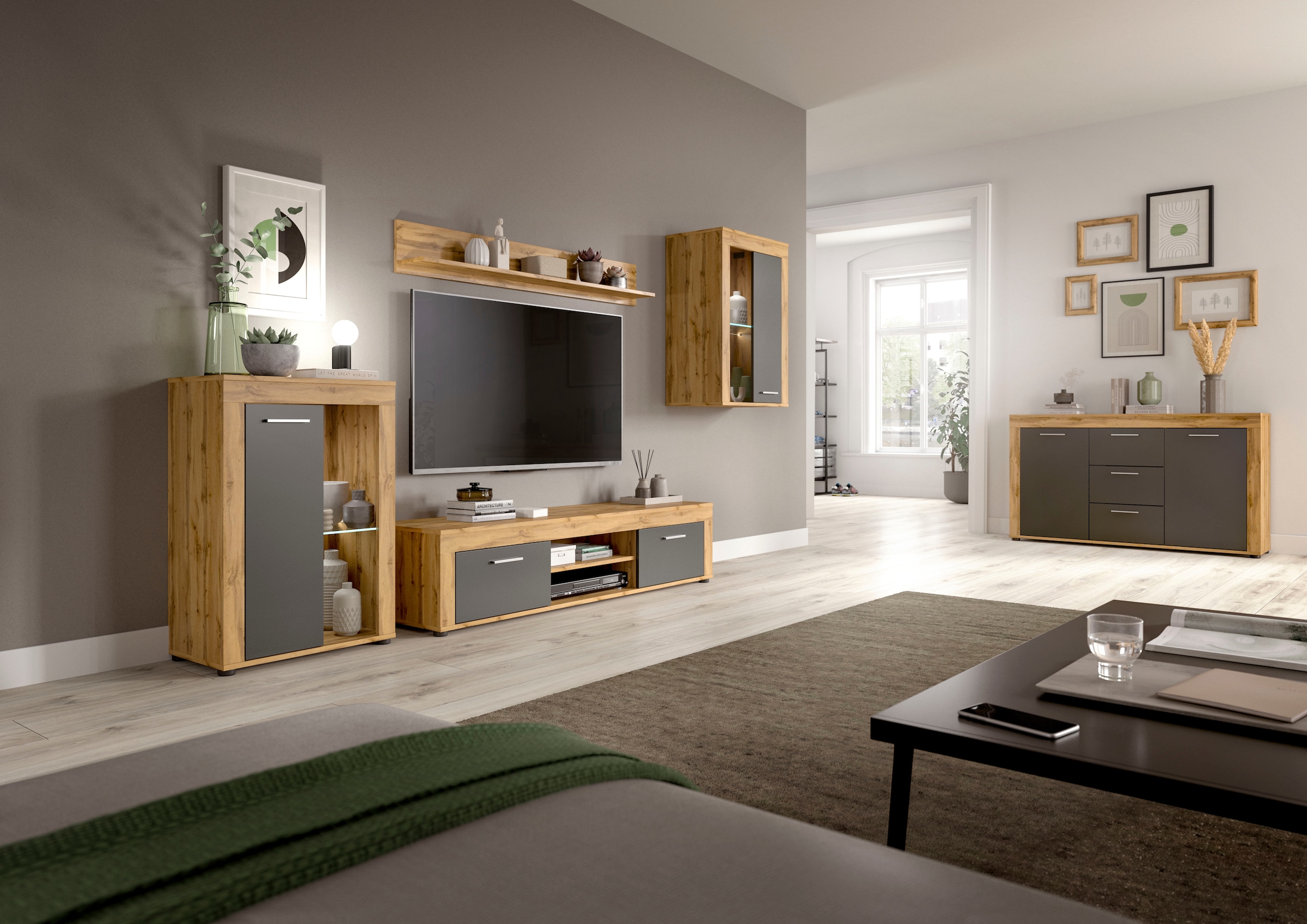 INOSIGN Wohnwand »Aosta, 4-tlg., best. aus: Highboard, Lowboard, Wandboard & Vitrine«, (4 St.), Wohnwand, Kombination, Anbauwand, Möbel Set, Schrankwand, Möbel Kombi