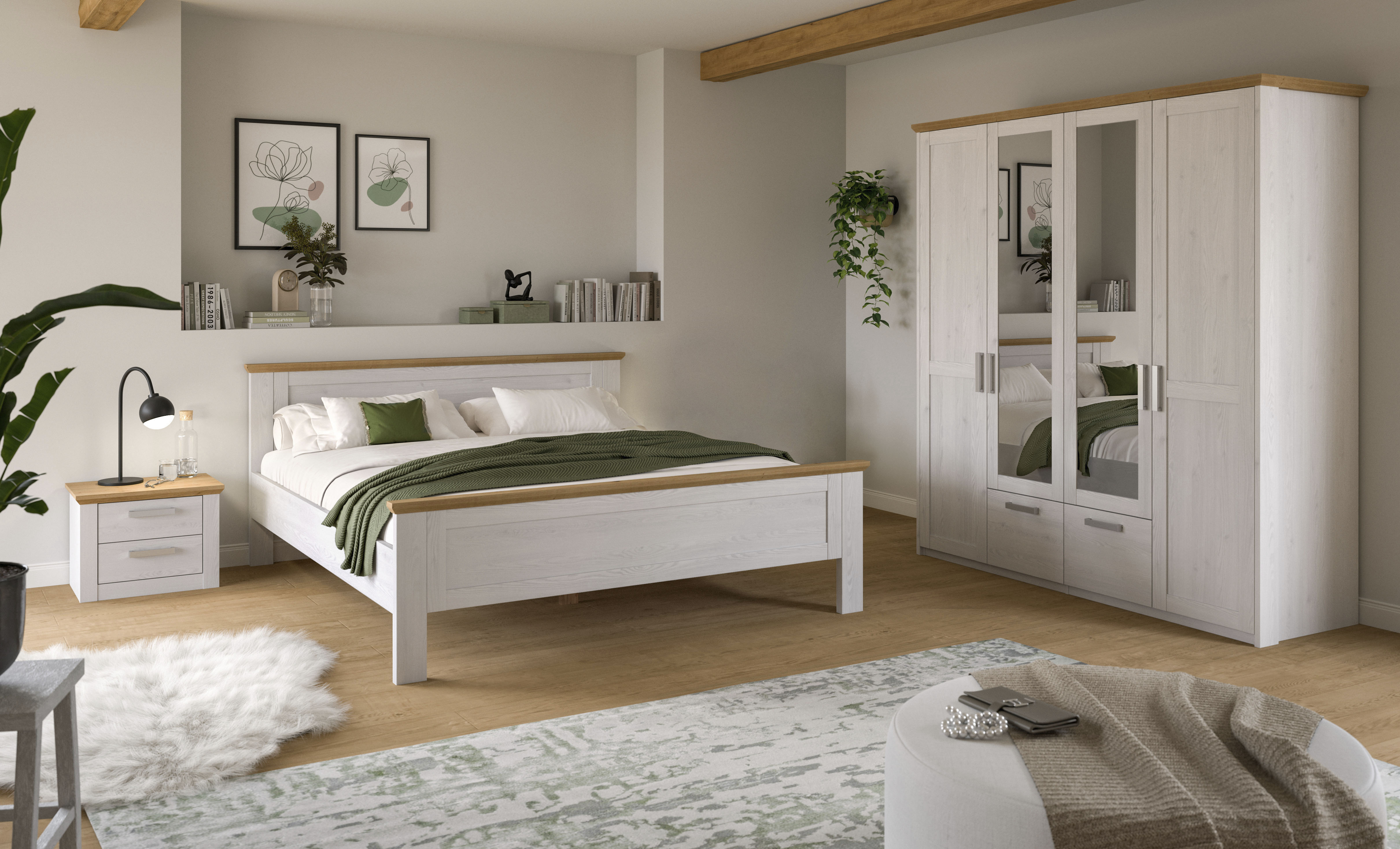 Home affaire Schlafzimmer-Set "COSENZA, 3-tlg., Kleiderschrank, Bettgestell & Nachttisch" Matratzengröße 180x200 cm, viel Stauraum, ohne Lattenrost & Matratze, 3 tlg. tlg.
