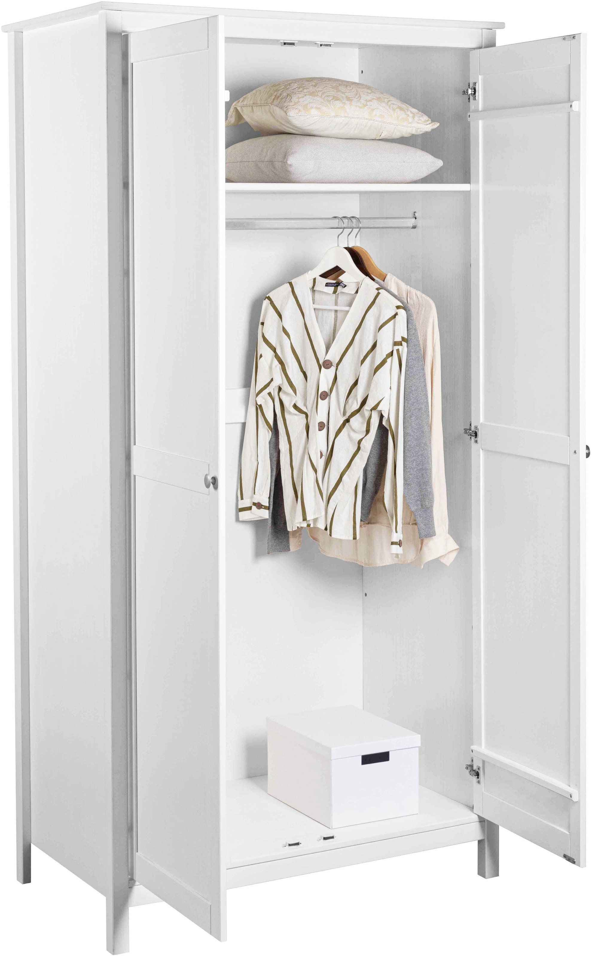 Tommy Jeans Kleiderschrank »Pinora, 2 Türen, Kiefer Massivholz Weiss, Silberne Metallgriffe« 1 Stk. tlg. Inkl. Kleiderstange & Einlegeboden, Skandi Look, 106 x 60 x 210 cm