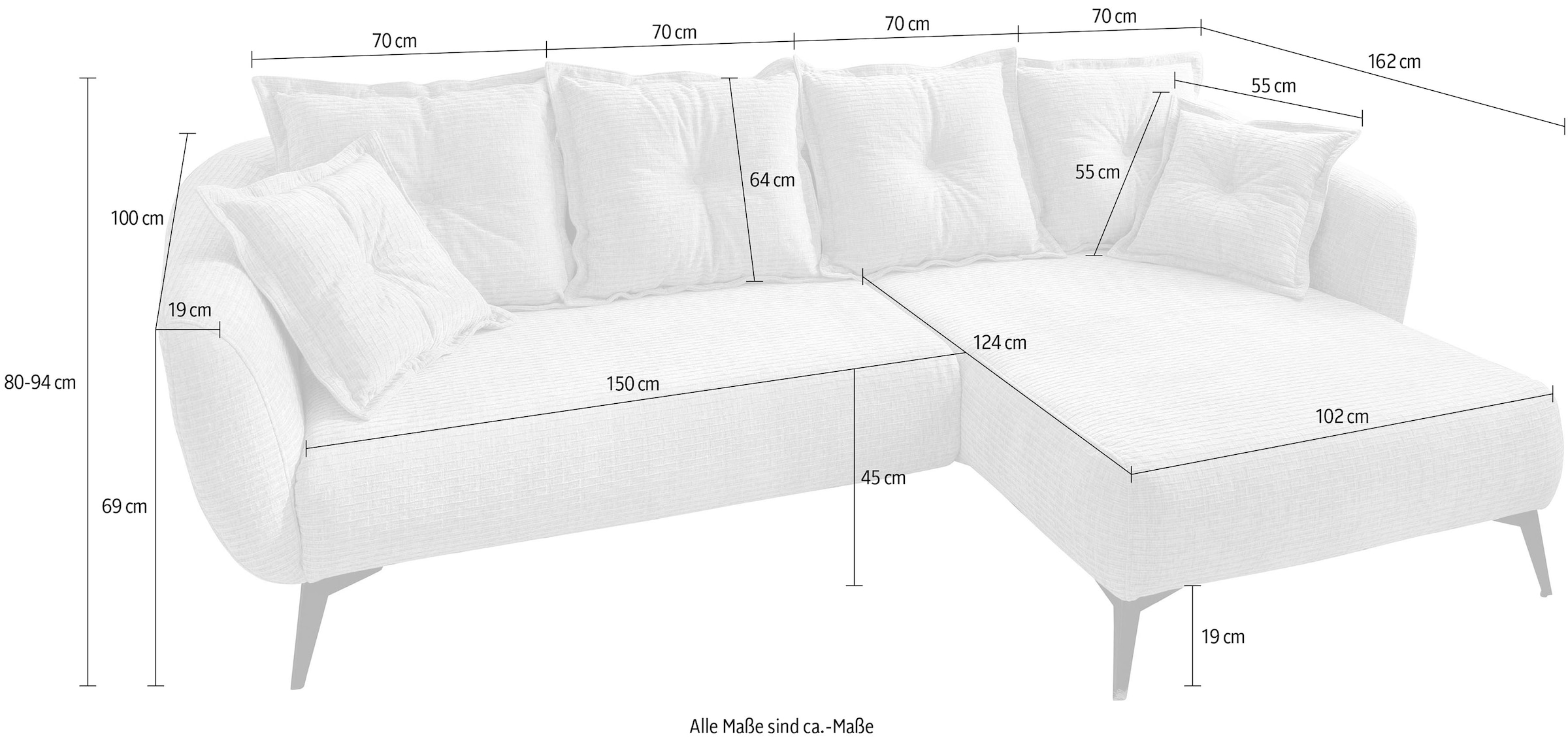Home affaire Ecksofa »Baggio Stellmaße 277/162 cm, modern & elegant, hoher Fuß« L-Form, schwarze Metallfüße