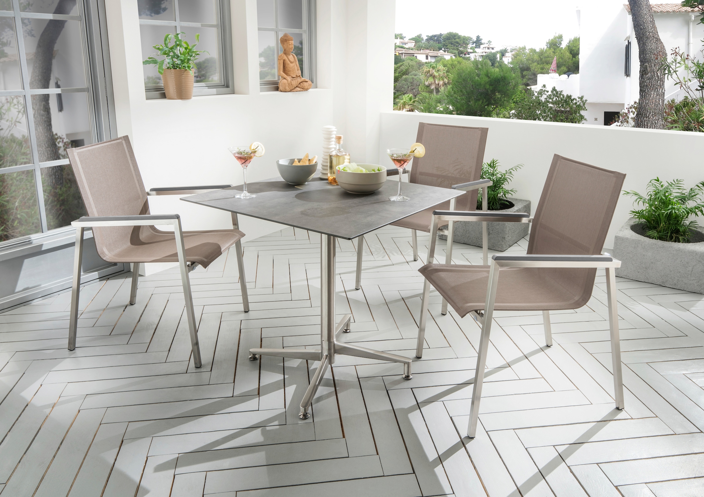 Destiny Garten-Essgruppe "ALTOS II LOFT", (4 tlg., 3x Sessel, 1x Tisch), Edelstahl, HPL, Textilene