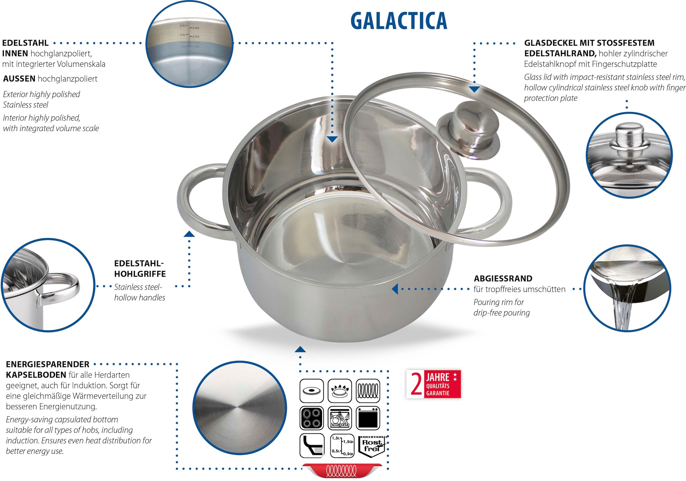 Elo Basic Topf-Set »Galactica«, 16 Stieltopf 16 BAUR mit 20, Induktion | 201, BT Edelstahl tlg., 24 cm), ; FT Deckel 14, Deckel cm (Set, mit 9 cm