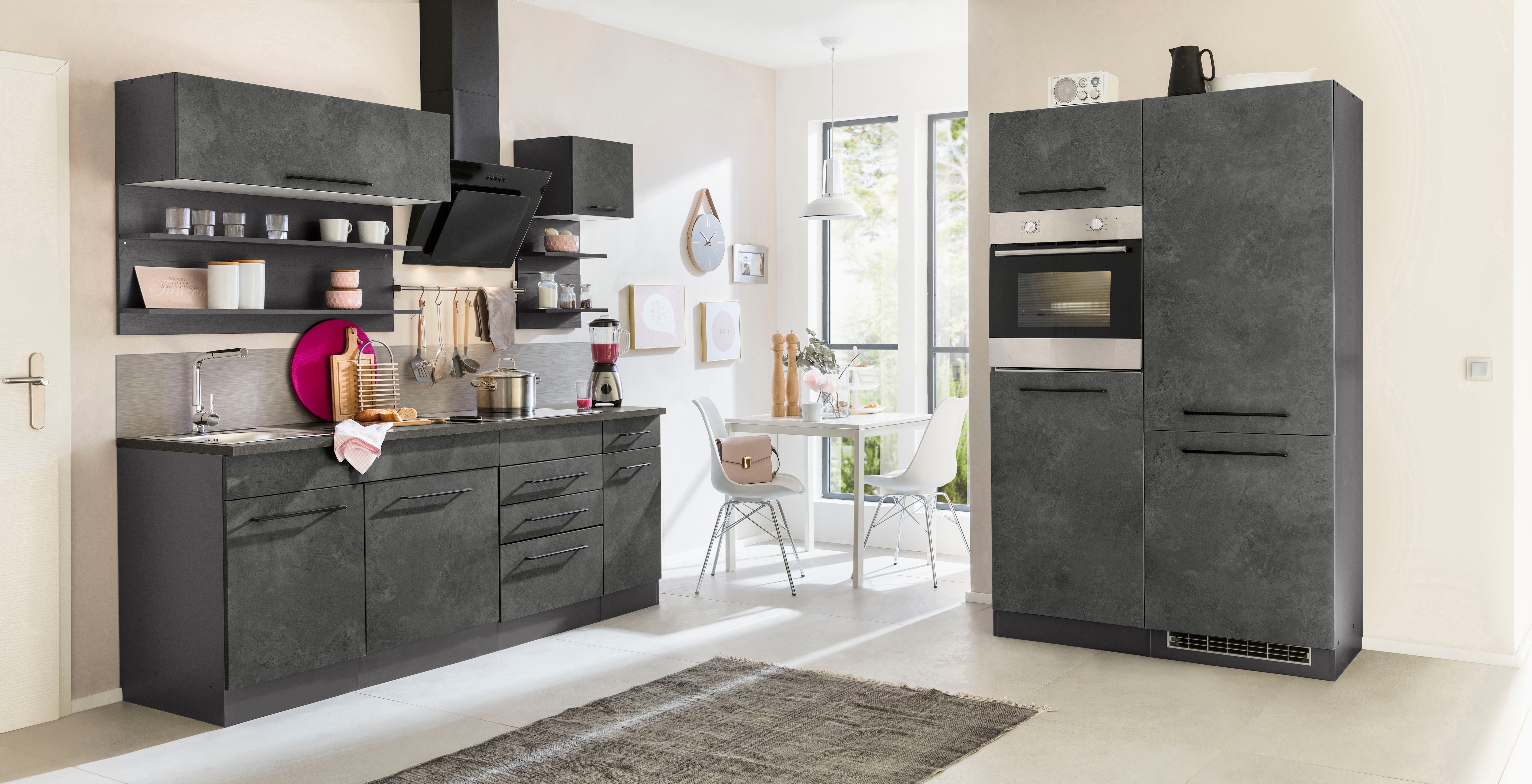 KOCHSTATION "KS-Tulsa" ohne E-Geräte, Breite 330 cm, schwarze Metallgriffe, MDF Fronten