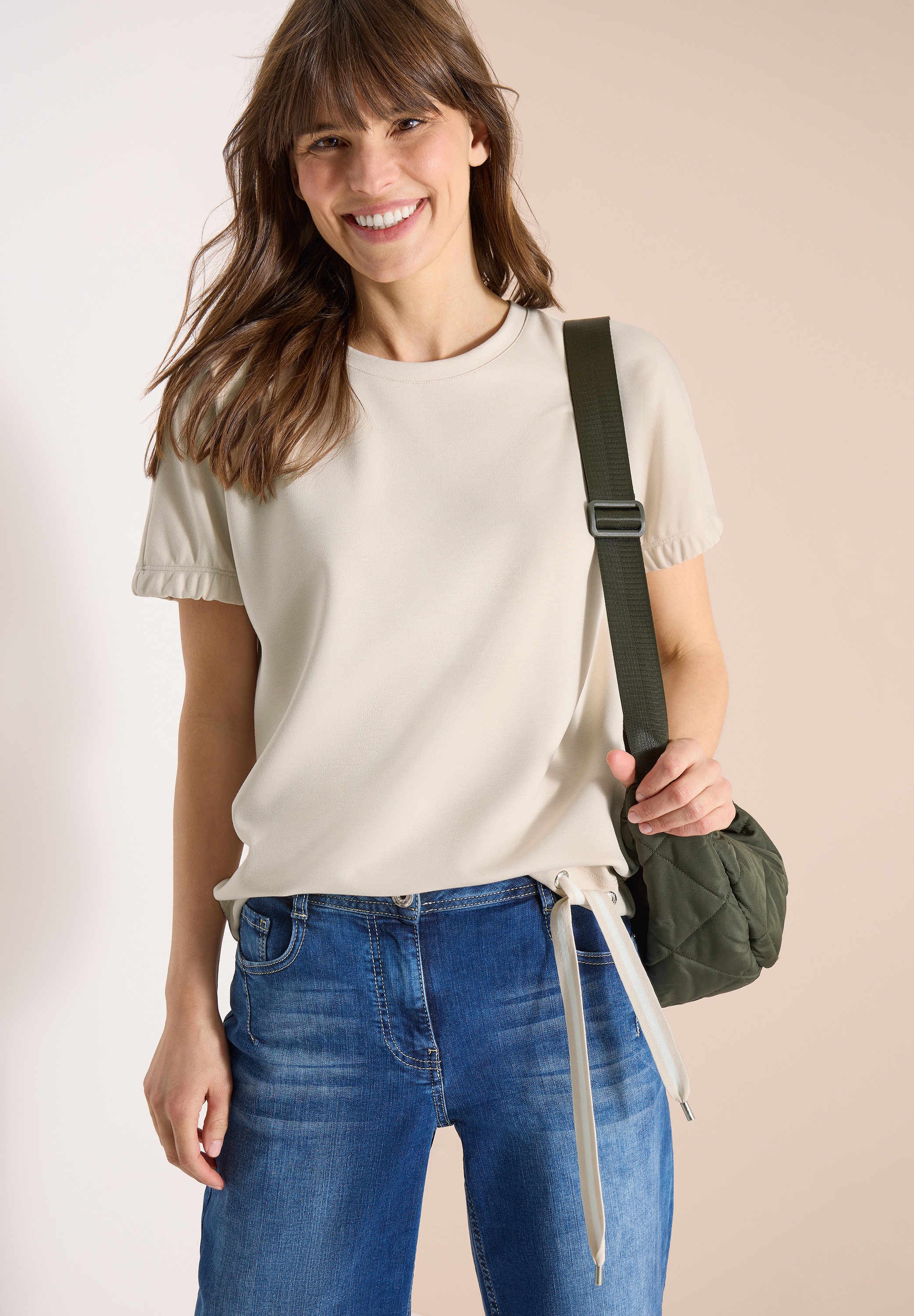 T-Shirt CECIL, Damen, Gr. M (40), pearl beige, Stoff, 48% Polyester, 48% Viskose, 4% Elasthan, unifarben, comfort fit normal, Rundhals, Bündchen, Shirts T-Shirt, Jersey