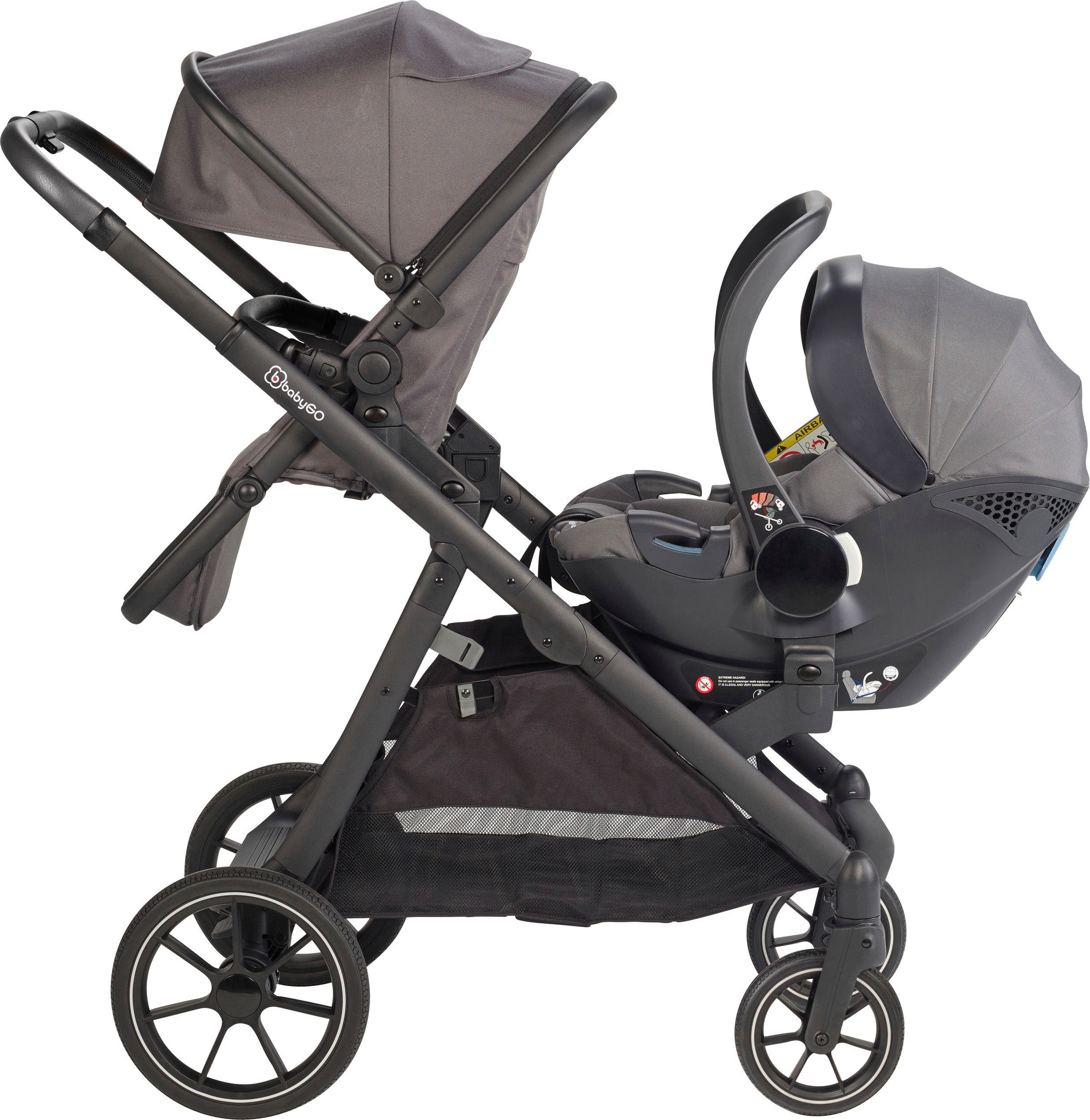BabyGo Zwillings-Kombikinderwagen »Duo Mega Set, grau«, inkl. 2 Babyschalen mit Adapter, Wickeltasche u. 2 Regenhauben