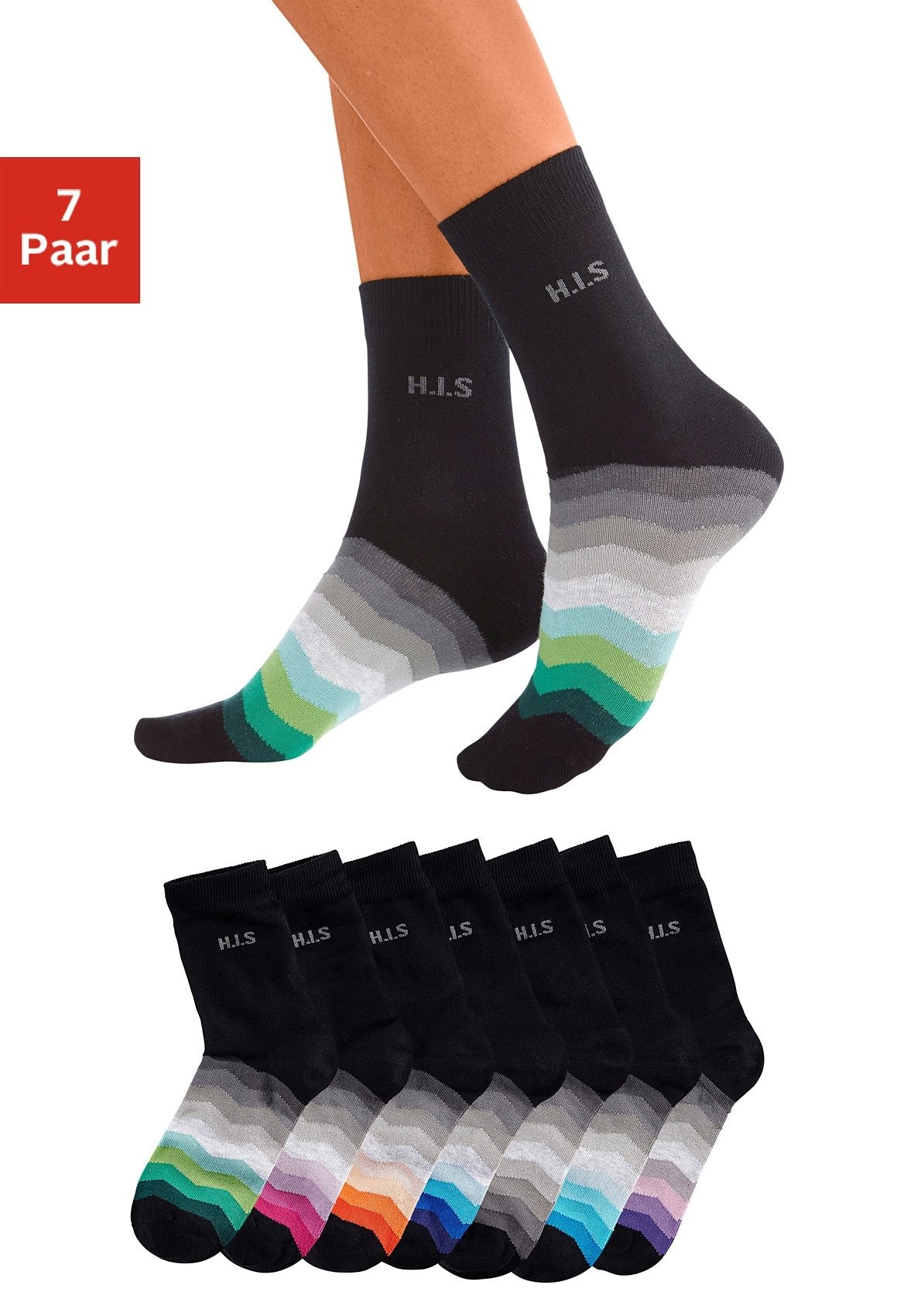 H.I.S Basicsocken "Bunte Damen Baumwolll Socken, Atmungsaktiv & Bequem" Packung, 7 Stk. tlg. mit schwarzem Schaft