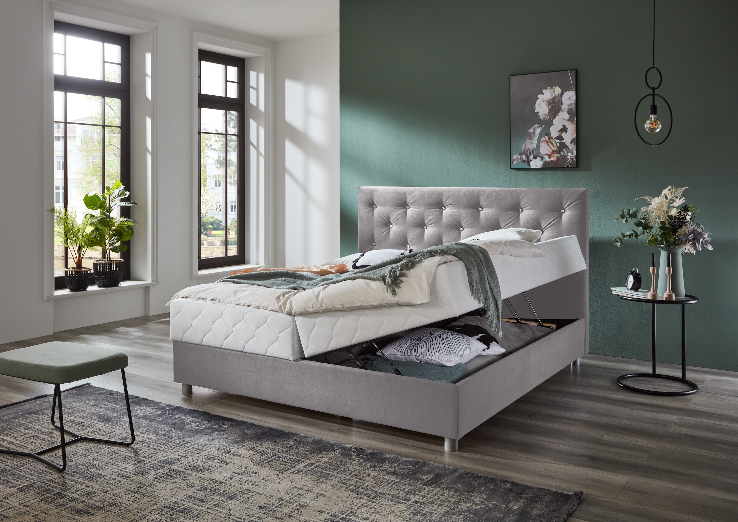 ATLANTIC home collection Boxbett »CELIA im hochwertiger Samtoptik«, mit Taschen-Federkernmatratze, Bettkasten und Strass-Steinen