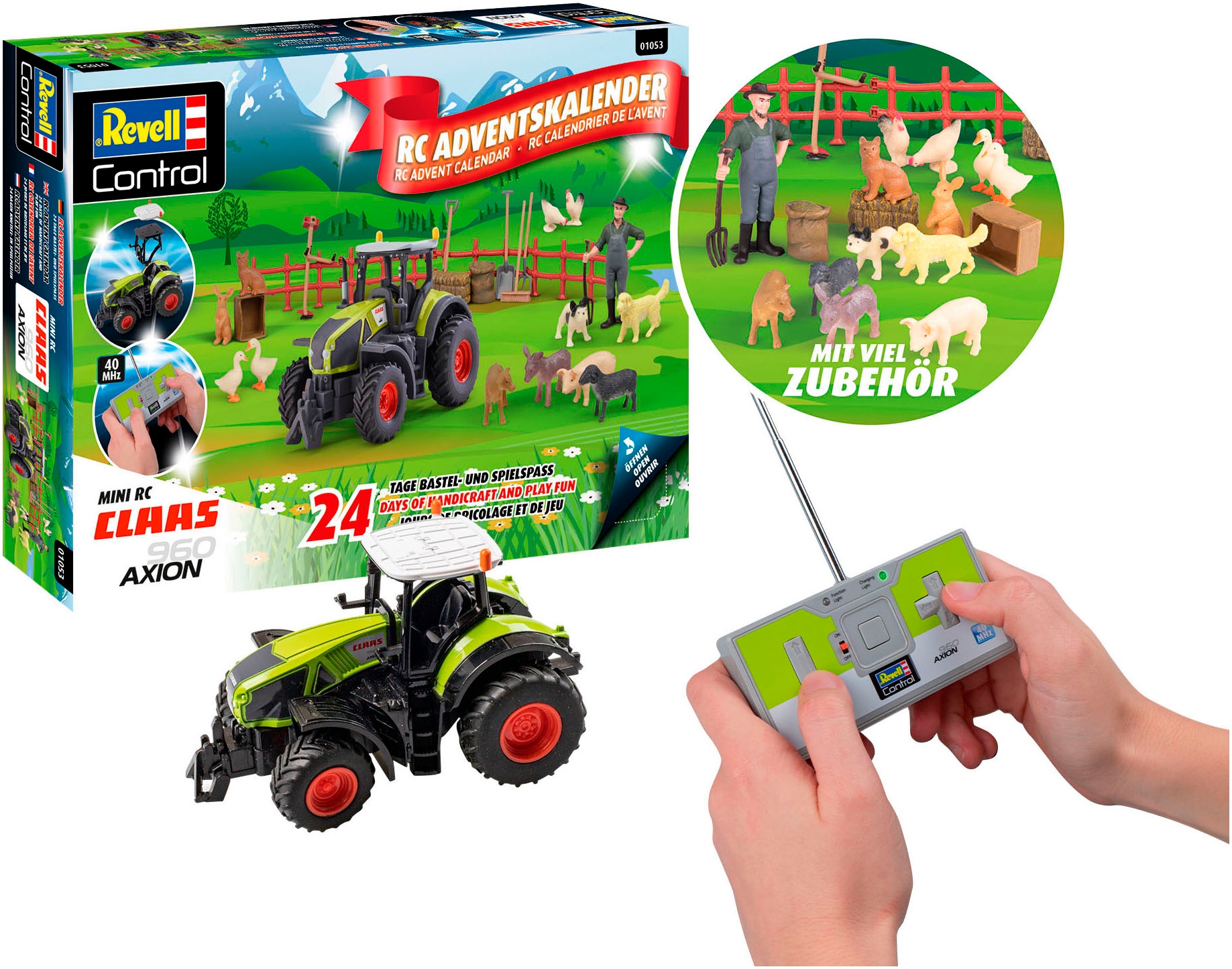 Revell® Spielzeug-Adventskalender »Bauernhofabenteuer, mit RC Traktor Claas Axion 960 zum Selberbauen«, ab 6 Jahren, inklusive Bauernhoftieren und -zubehör