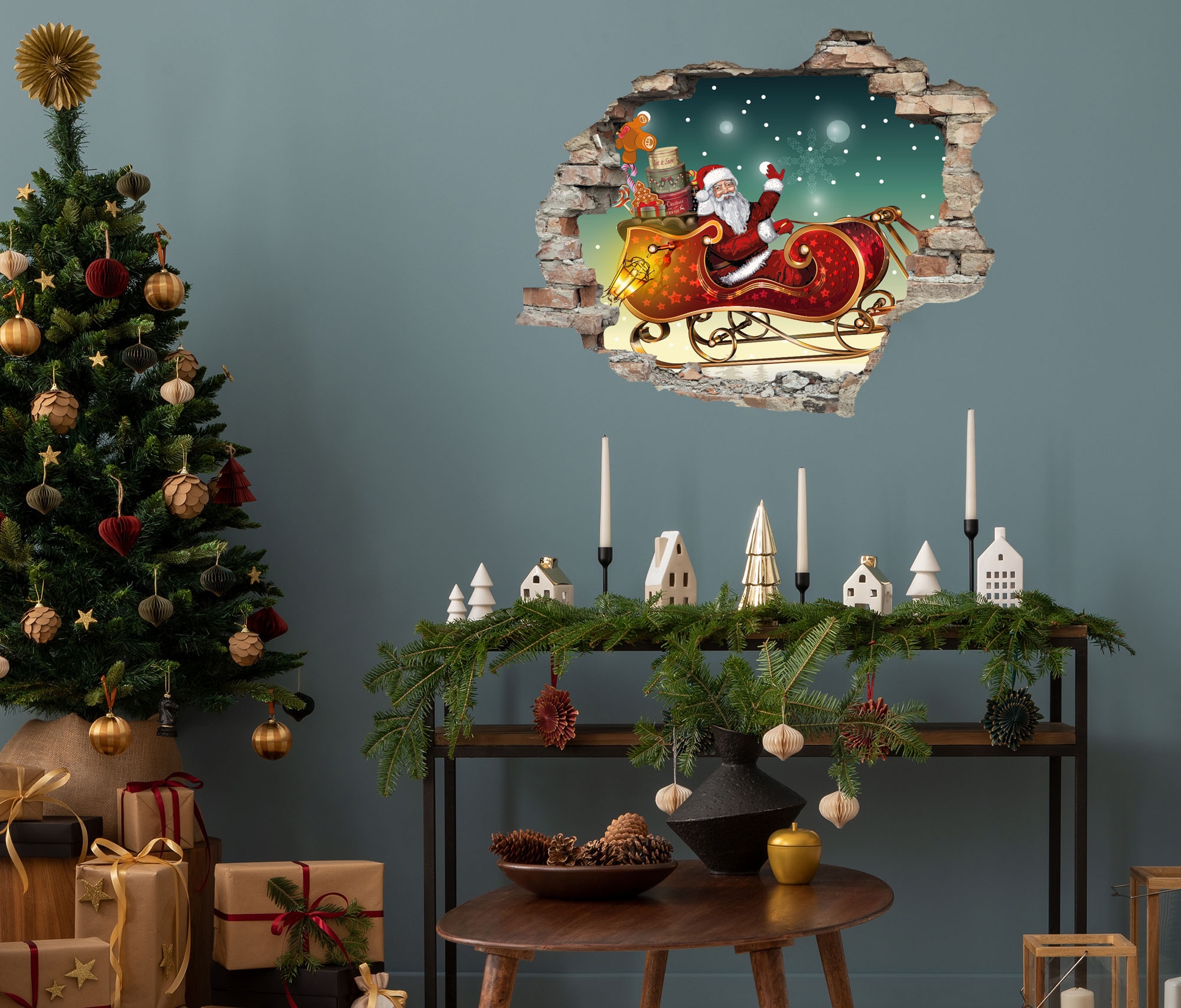 queence 3D-Wandtattoo "Weihnachtmann mit Geschenken im Schlitten" selbstkle günstig online kaufen