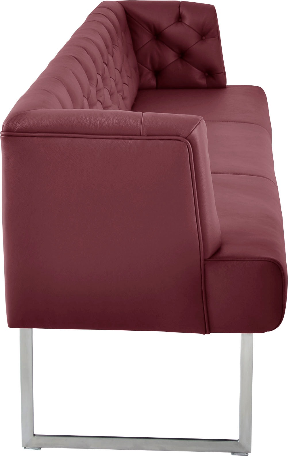 Polsterbank K+W KOMFORT & WOHNEN "Creso", rot (rubin), B:222cm H:83cm T:67cm, Bronco: Nappaleder pigmentiert, Dickleder, 1, 3/1, 5mm, mit rustikal gekörnten Narbenbild, Sitzbänke, Polsterbank, im modernen Chesterfield-Look, Füße in Edelstahl-Optik 2