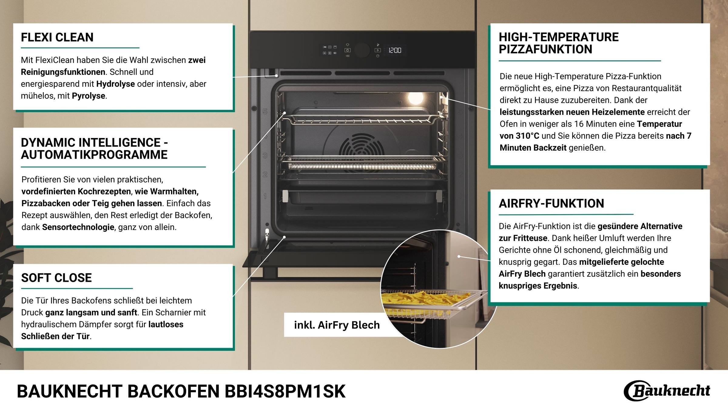 BAUKNECHT Pyrolyse Backofen  »BBI4S8PM1SK«, mit 1-fach-Teleskopauszug, Pyrolyse-Selbstreinigung, AirFry-Funktion, Pizzafunktion, 1-fach-Teleskopauszug, Gentle Steam