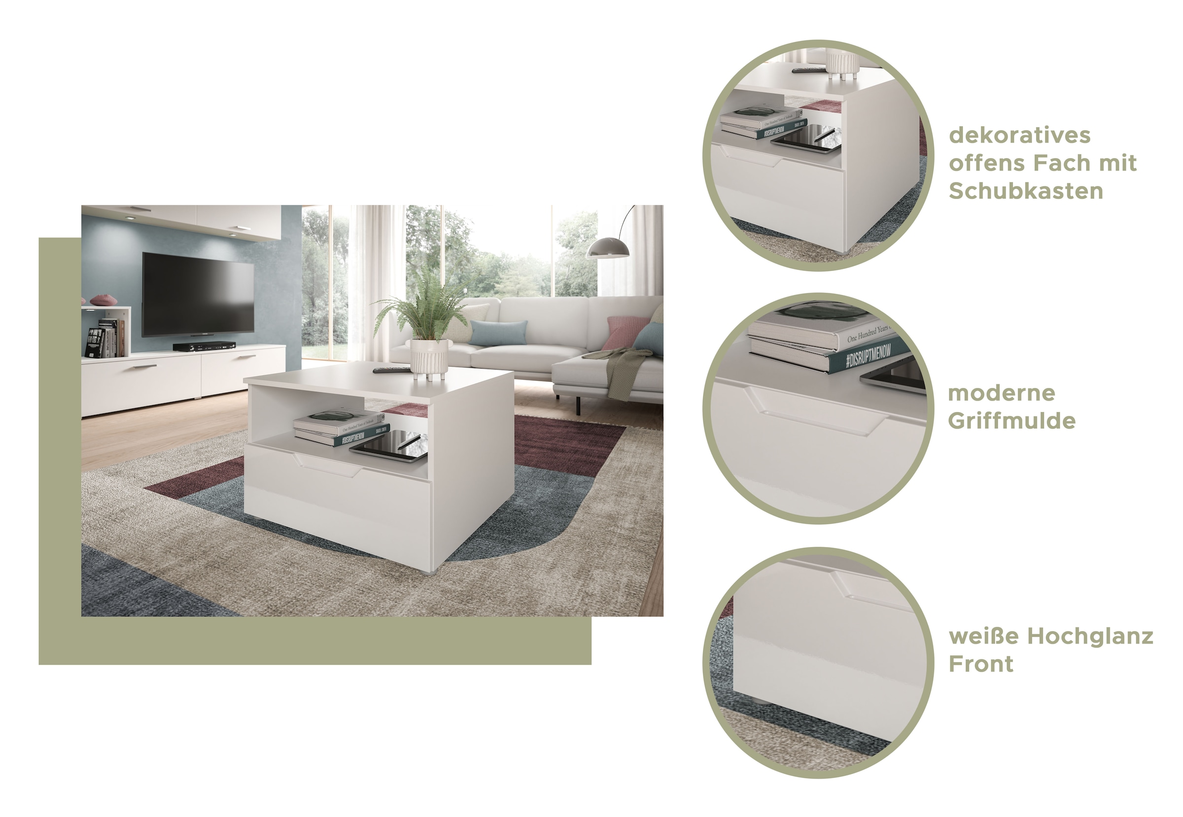 INOSIGN Couchtisch »CAPRI, Höhe 66cm, 1 Schubkasten, 1 offenes Ablagefach«, Wohnzimmertisch, Beistelltisch, Ablagetisch, Nachtkonsole