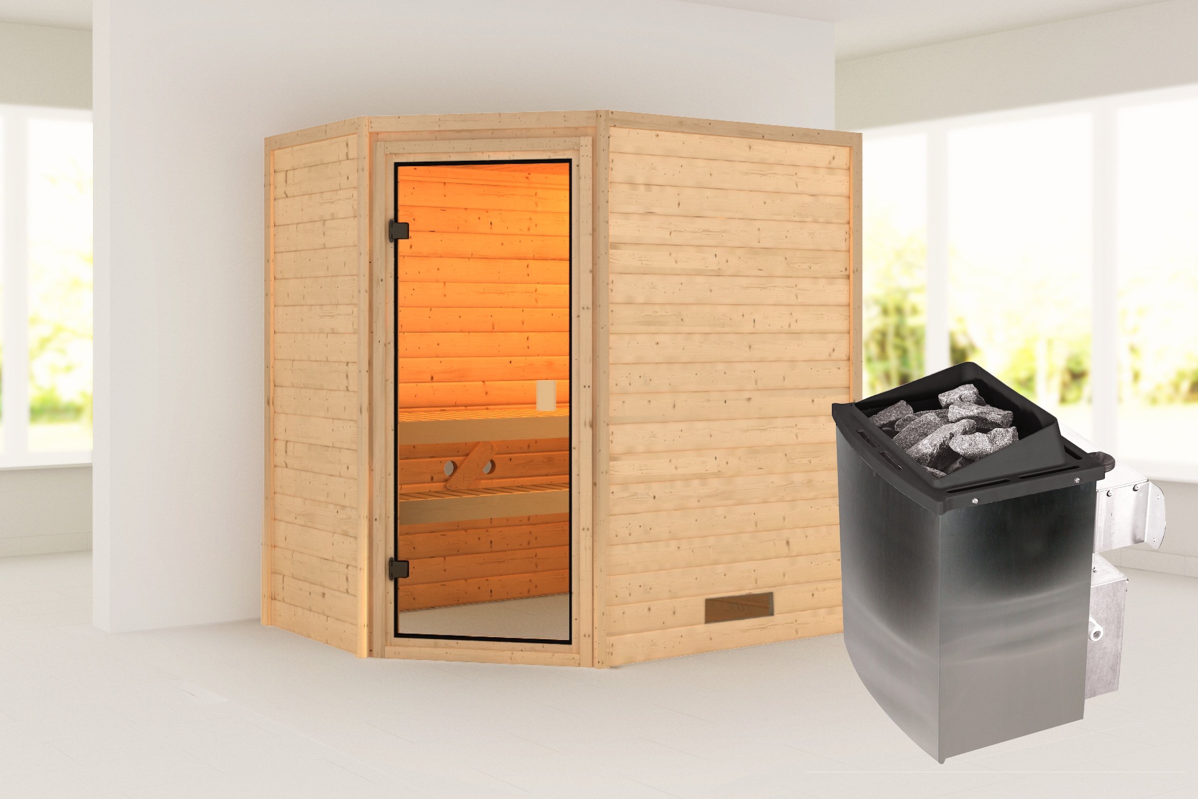 Karibu Sauna ""Juli" mit bronzierter Tür SET, naturbelassen mit Ofen 9 kW" aus hochwertiger nordischer Fichte