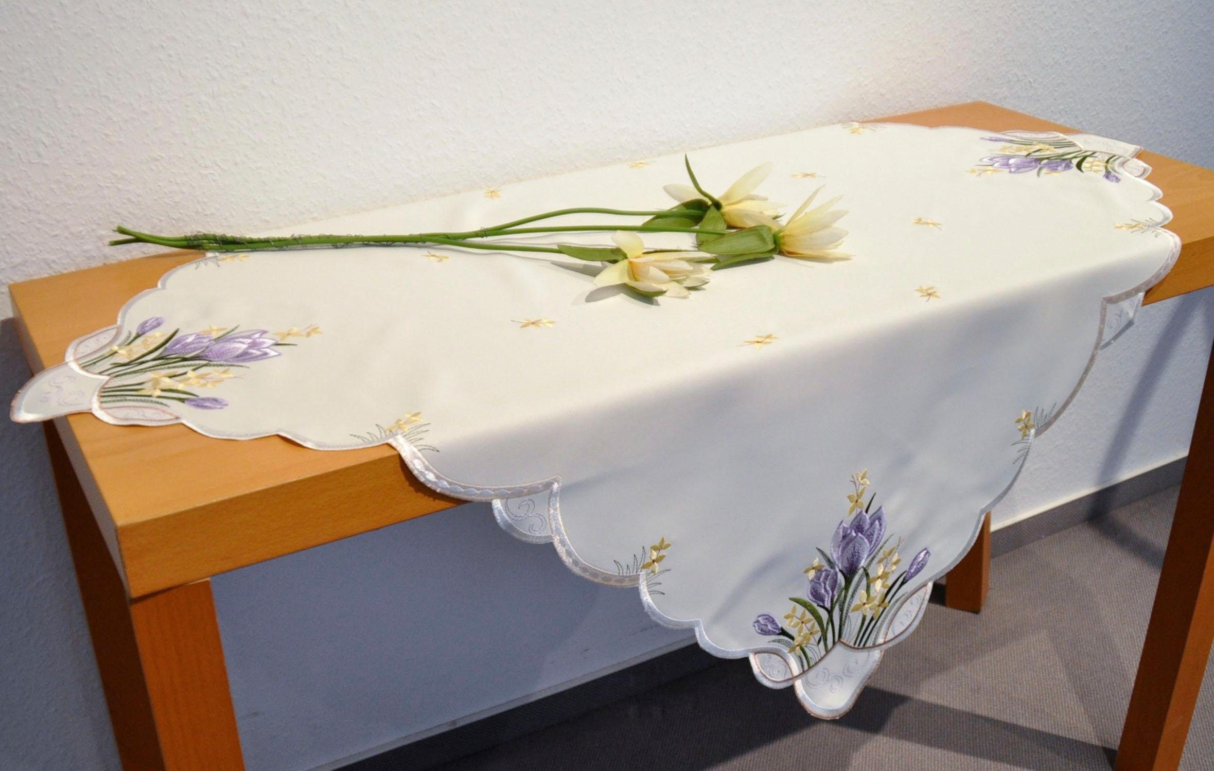 Stickereien Plauen Mitteldecke "Tischdecke Krokusblüte" Plauener Spitze, Ma günstig online kaufen