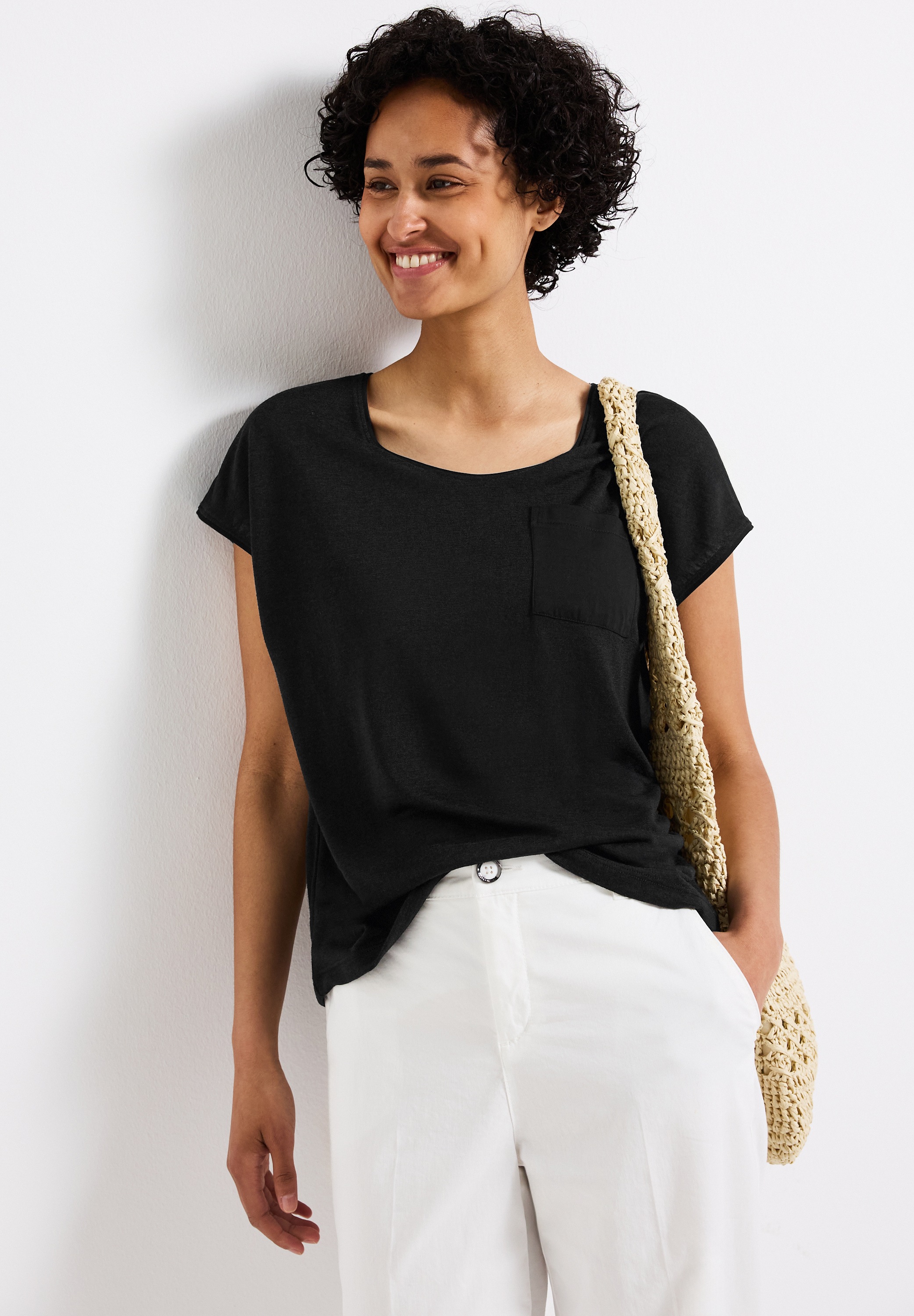 STREET ONE T-Shirt, im Leinen-Look und mit Brusttasche+ö günstig online kaufen
