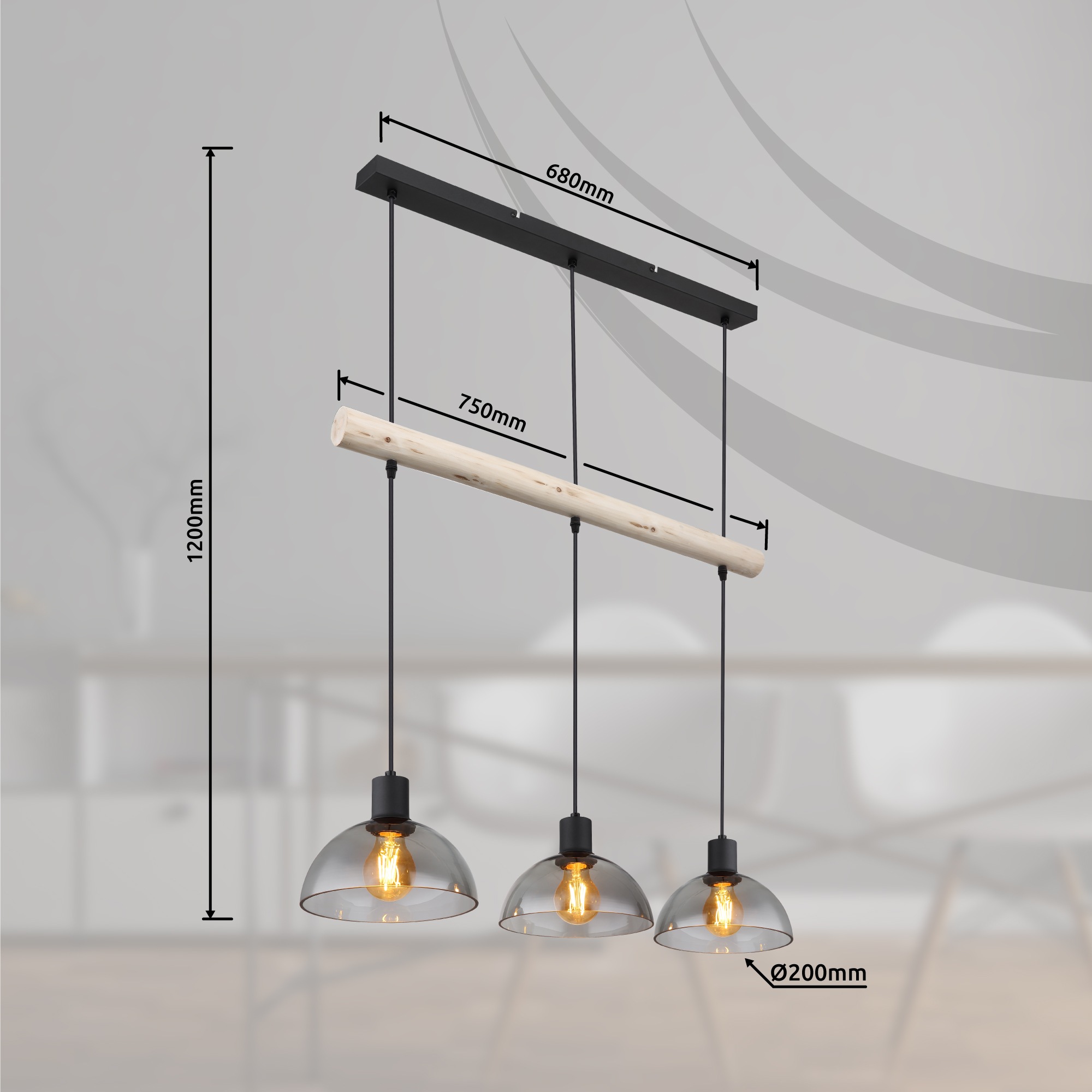 GLOBO LIGHTING Hängeleuchte »LINDI« E27 1 Stk. Schwarze Hängeleuchte Holz natur, Glas rauchfarben, höhenverstellbar