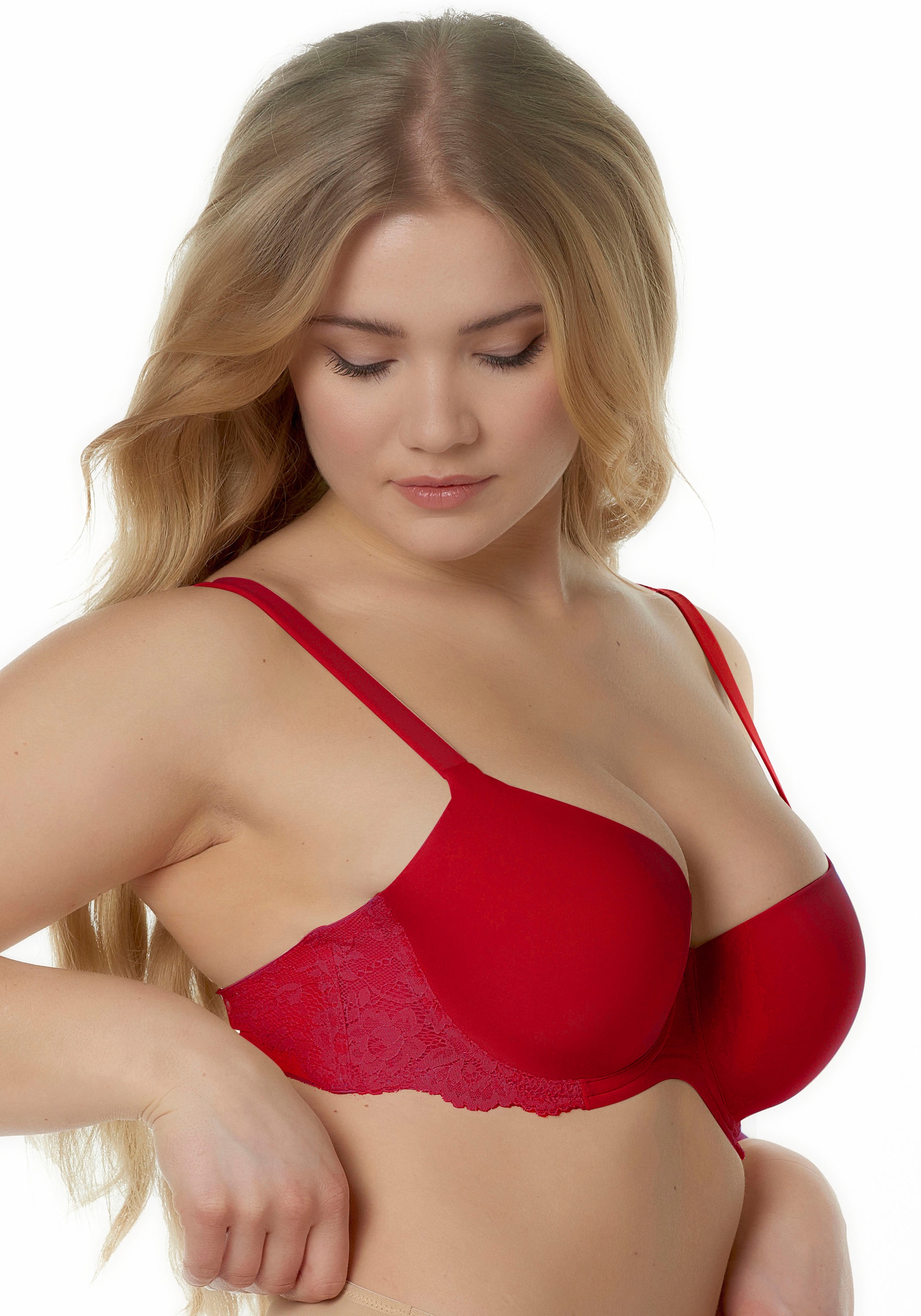 Damen T-Shirt-BH "LIV", AFTER EDEN D-CUP & UP, Gr. 95, rot, Spitze, Obermaterial: 87% Nylon, 13% Elasthan, unifarben, Basic, BHs, verstellbare