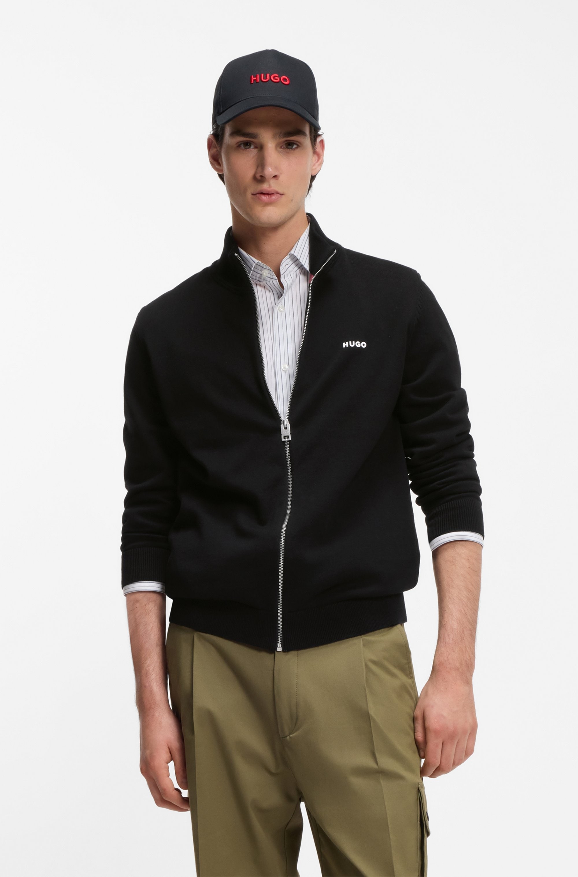 HUGO Strickjacke "San Jacomo-C" Stehkragen, Slim Fit, Feinstrick aus Baumwolle