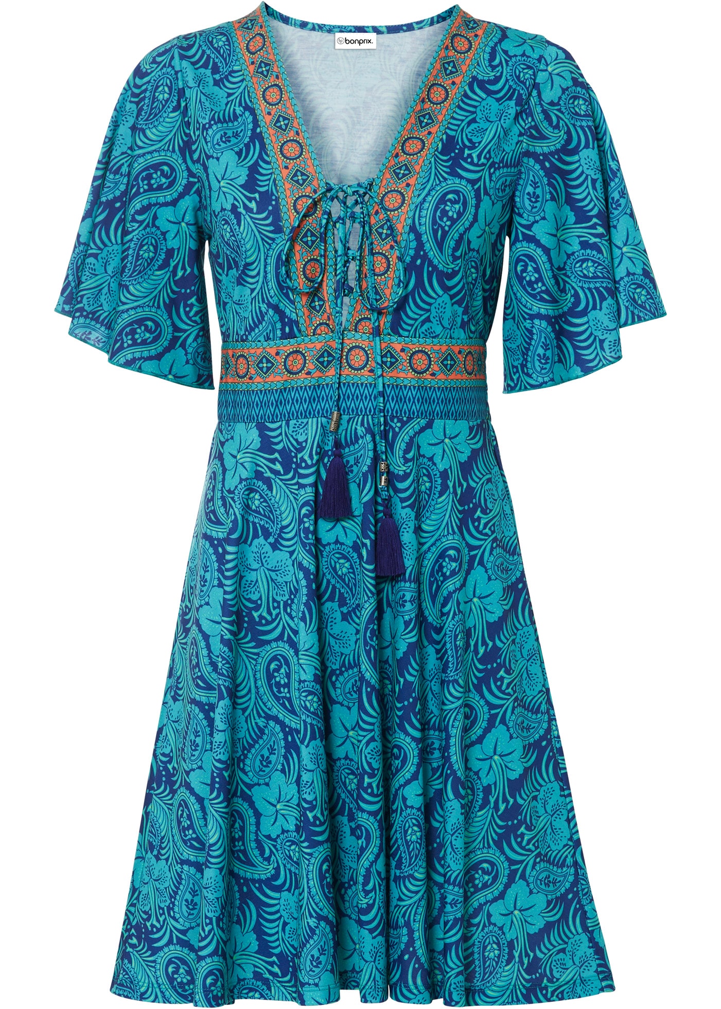 bonprix Jerseykleid ausgestellte Passform, Kurzarm, mit Schnürung und Bindeband