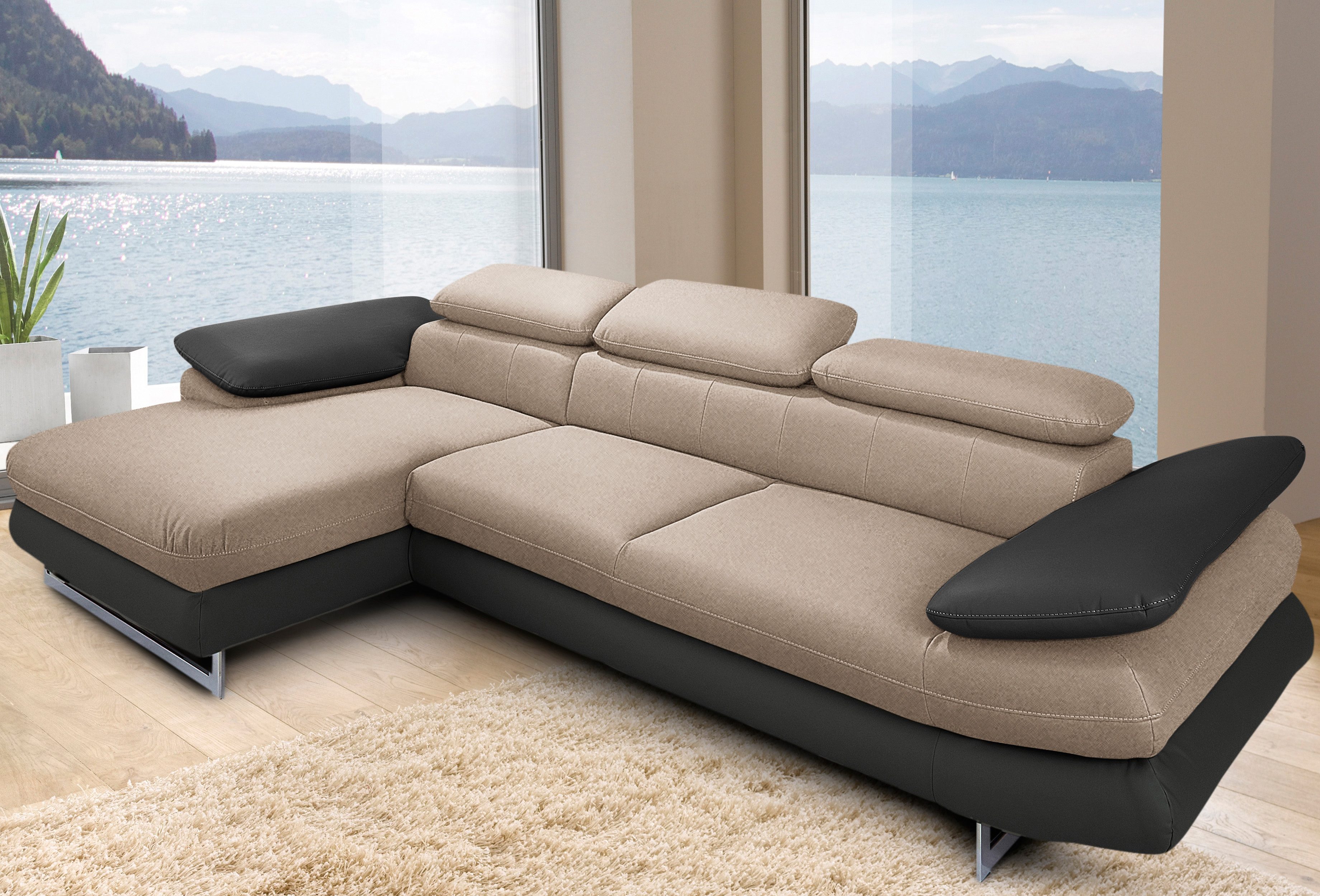 COTTA Ecksofa "Solution L-Form, B:286cm,modern mit Relaxarmlehne, Wellenunterfederung" mit Arm- & Kopfteilverstellung, wahlweise mit Schlaffunktion