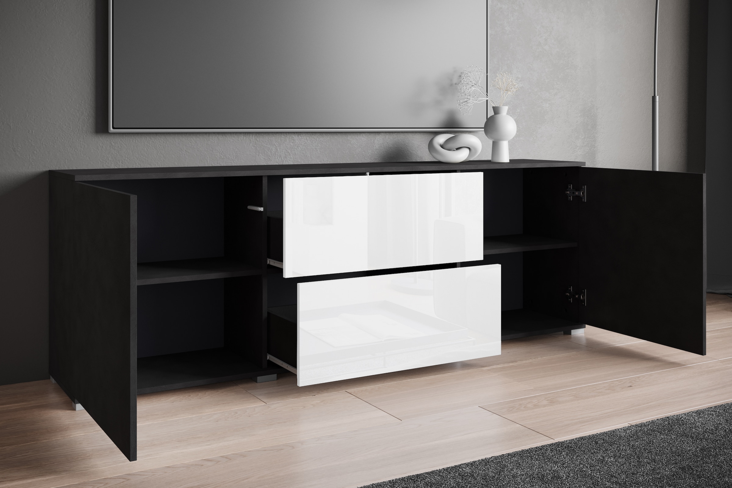 INOSIGN Lowboard »Kenia«, (1 St.), Der moderne TV-Schrank, mit 2 Türen und 2 Schubladen, Breite 180 cm