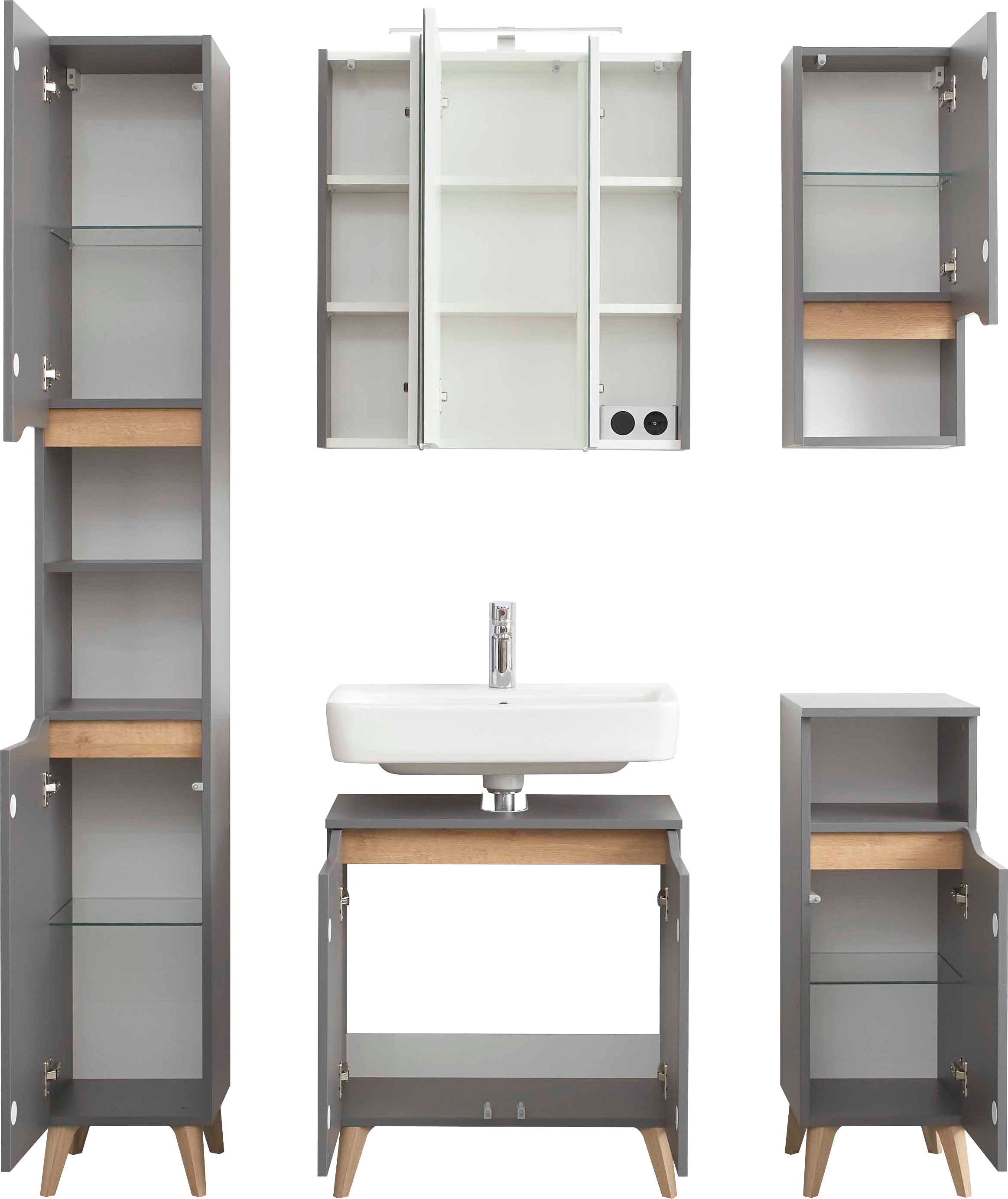 Saphir Badmöbel-Set »Quickset 5-teilig Waschbeckenunterschrank und LED-Spiegelschrank«, (5 St.), Hochschrank, Unterschrank, Hängeschrank, inkl. Türdämpfer, 9 Türen