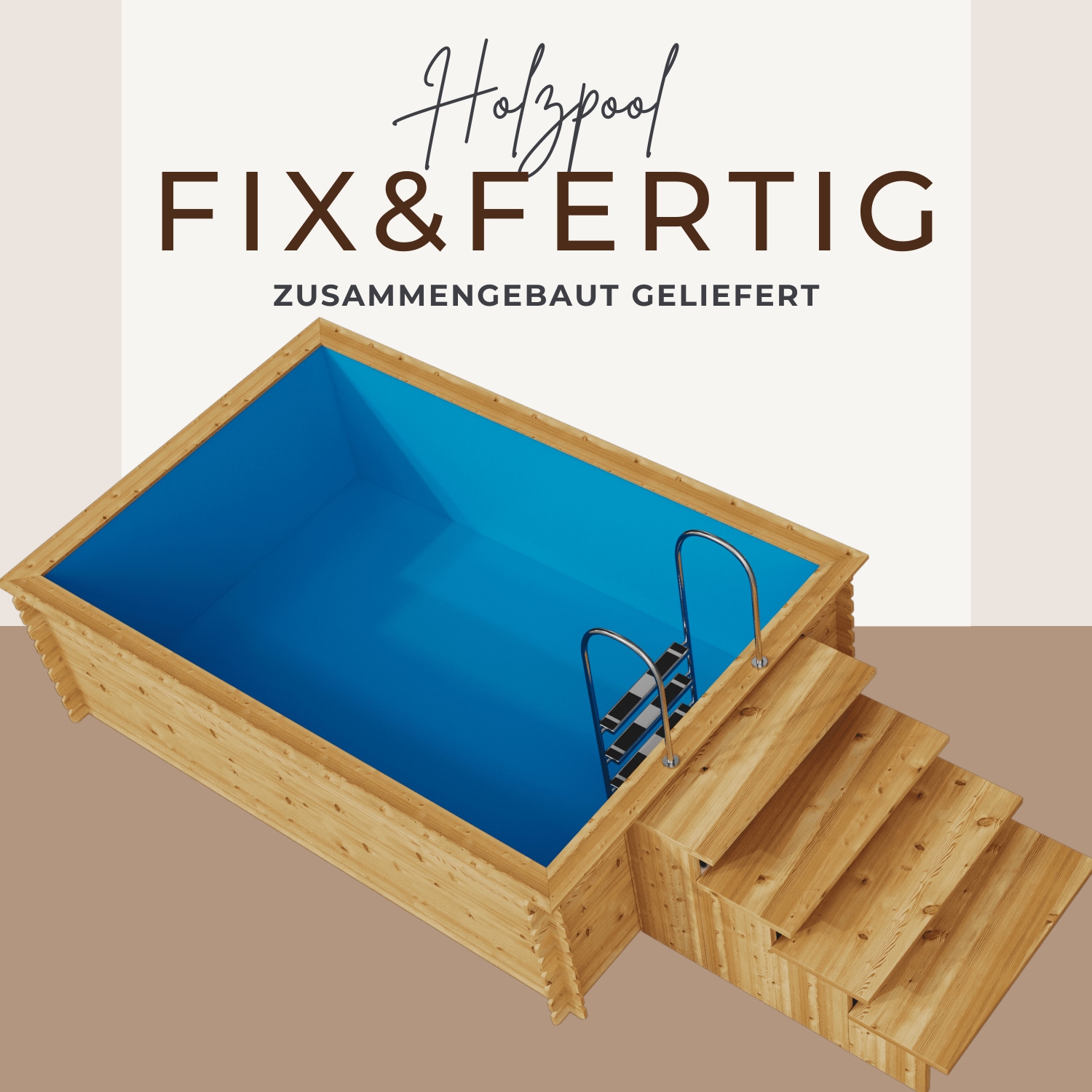 EDEN Holzmanufaktur Rechteckpool »Fix&Fertig Fichtenholz«, (Set, 4 tlg.), inkl. blauem Einsatz, Dämmung, Einstiegstreppe & -Leiter, Wasserablauf