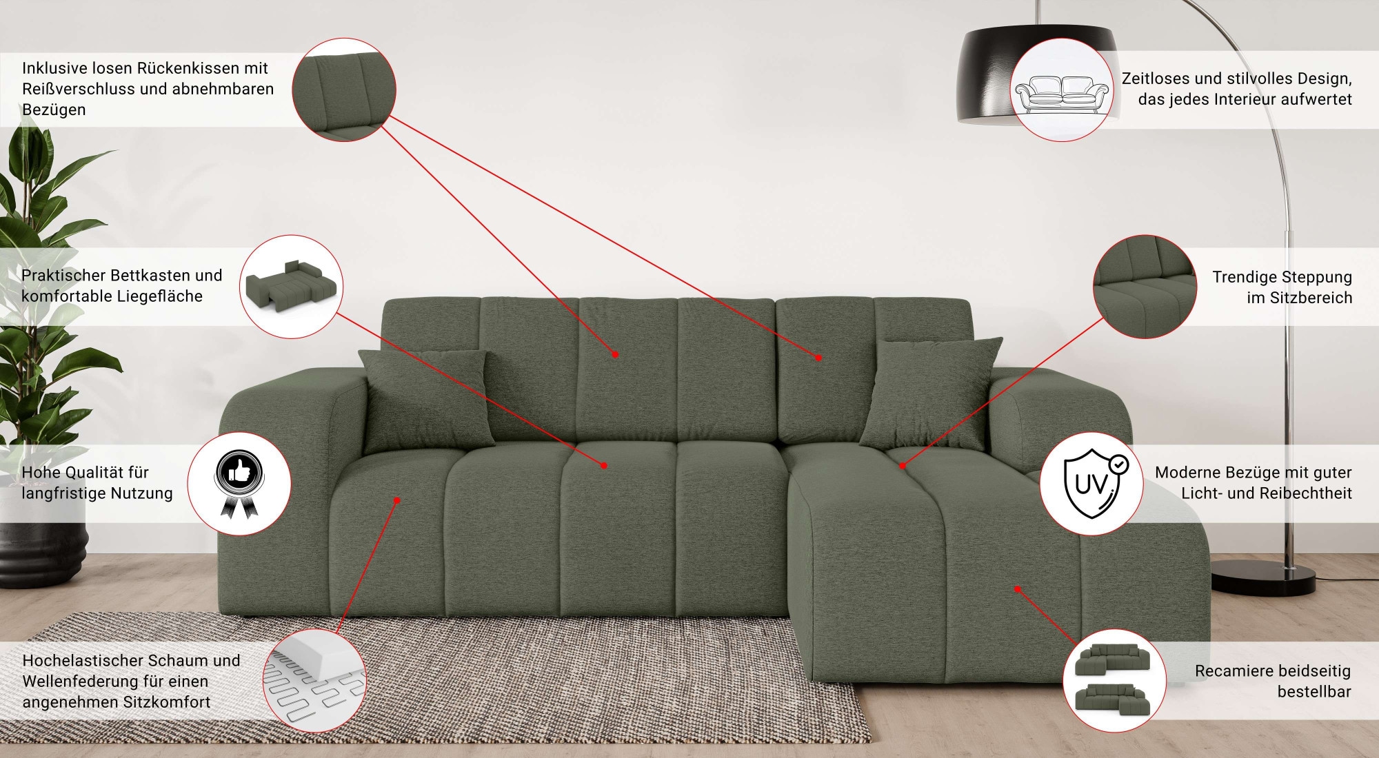 INOSIGN Ecksofa »CASSY L-Form, Schlafsofa mit Bettkasten, Maße B/T/H: 245/165/88 cm«, mit 2 Rückenkissen, Recamiere rechts oder links bestellbar
